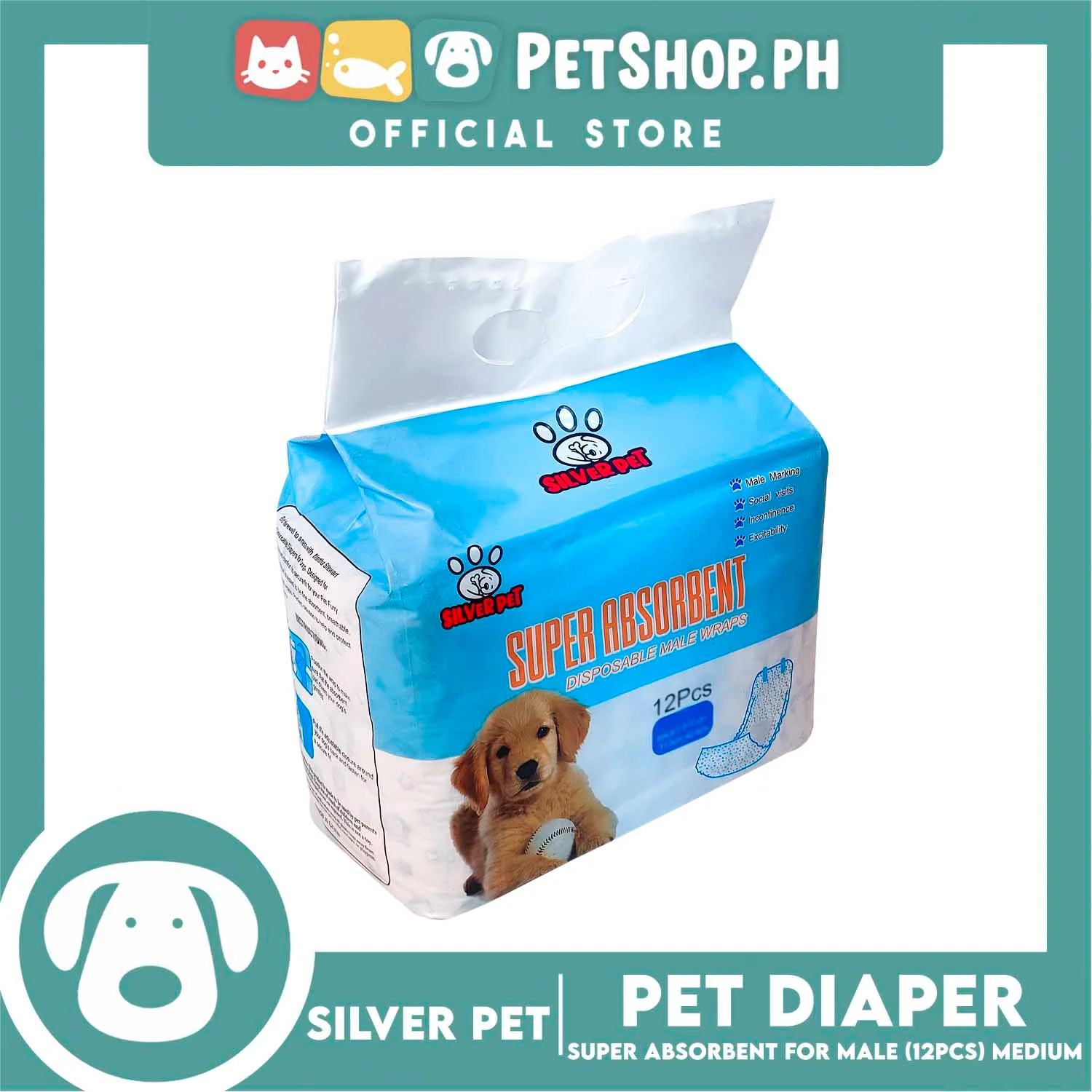 12pcs Silver Pet Super Absorbent Disposable Male Dog Wrap/ Diaper Medium - Image 2