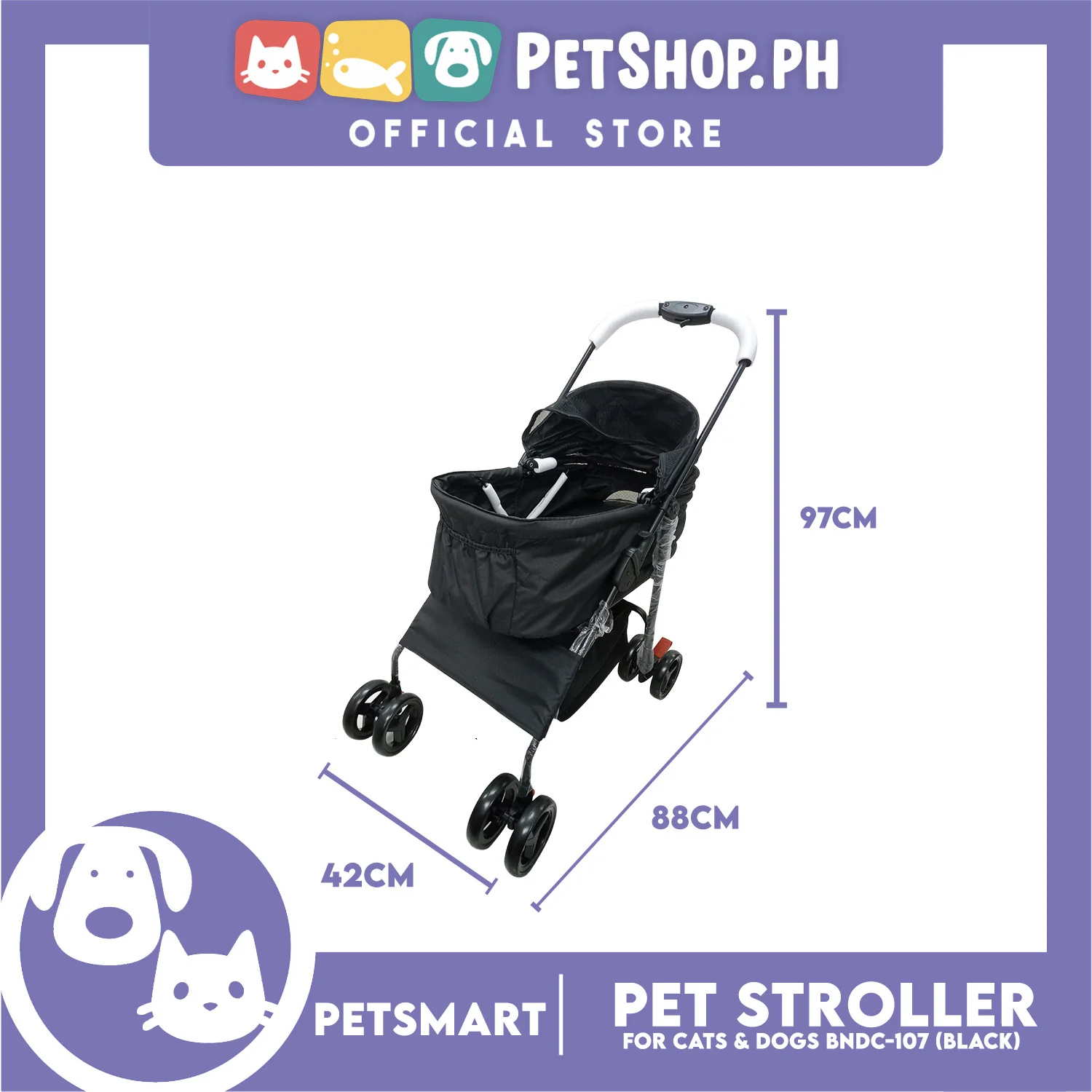 2-in-1 Detachable and Foldable Pet Cat & Dog Stroller Pet Carrier Trolley (Black) BNDC-107 - Image 3