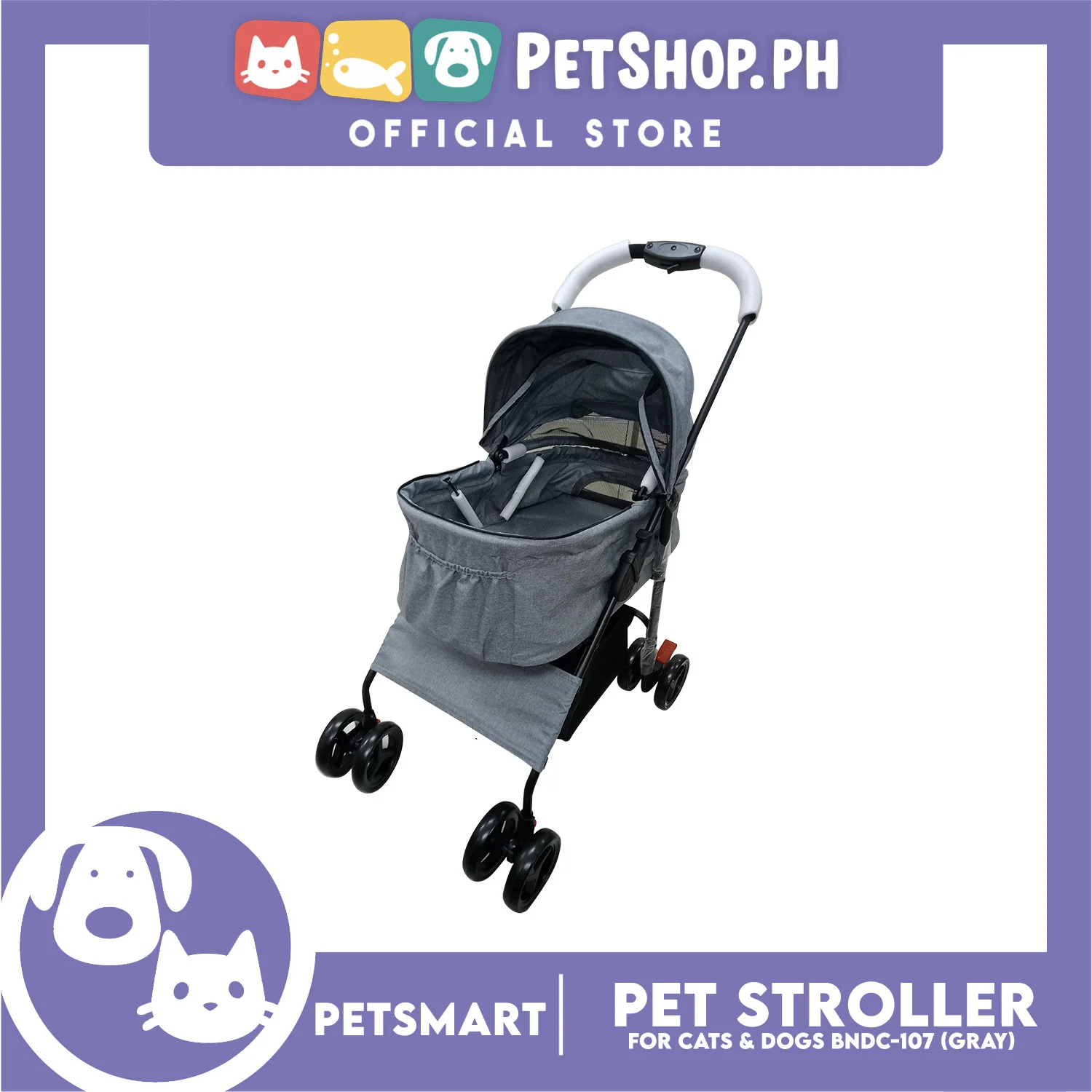 2-in-1 Detachable and Foldable Pet Cat & Dog Stroller Pet Carrier Trolley (Gray) BNDC-107 - Image 5