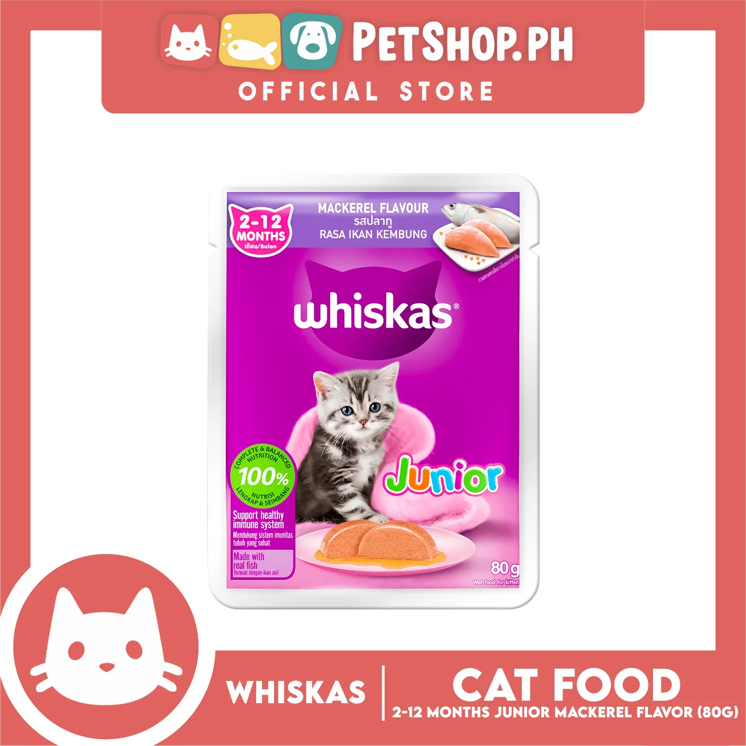 24pcs Whiskas Junior Mackerel Pouch Wet Cat Food 80g - Image 2