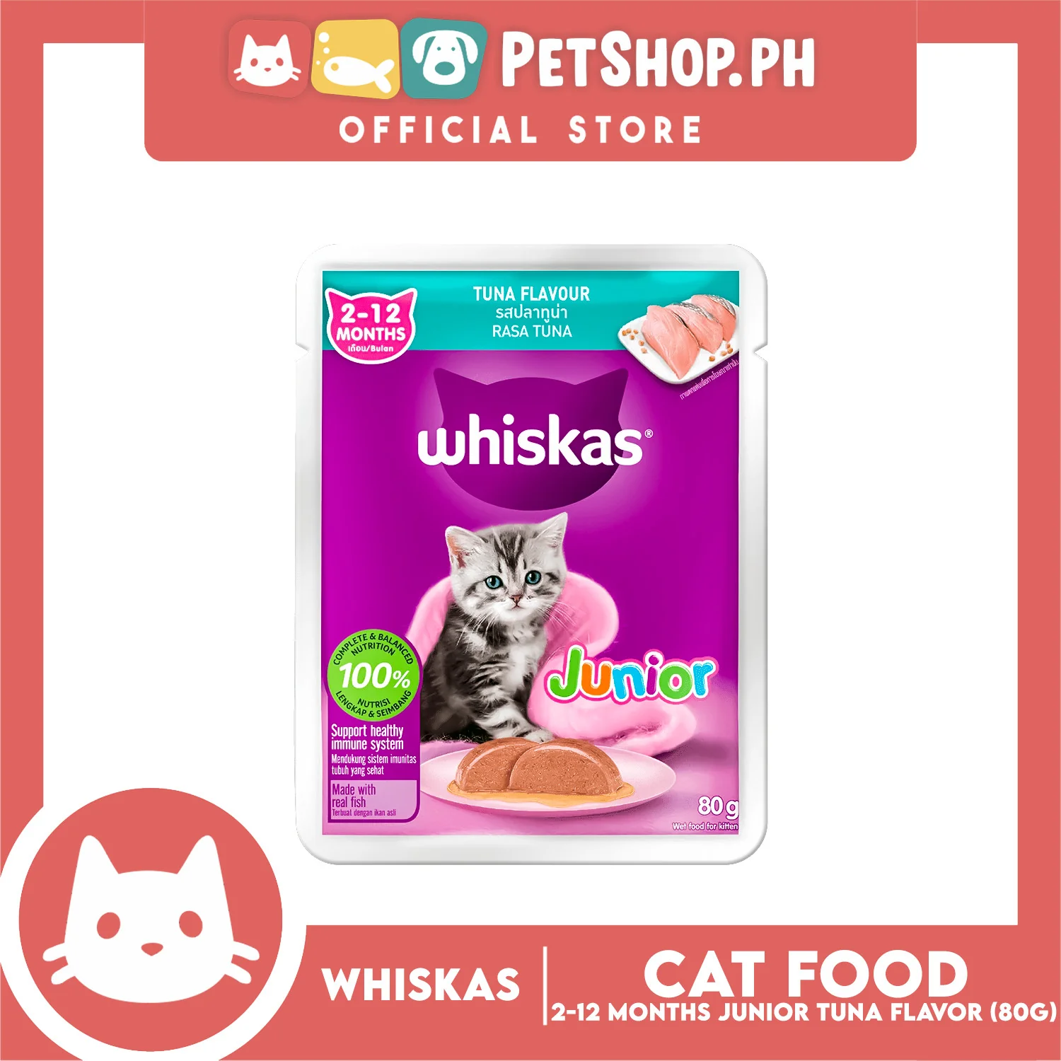 24pcs Whiskas Junior Tuna 2-12mo's Pouch Wet Cat Food 80g - Image 2