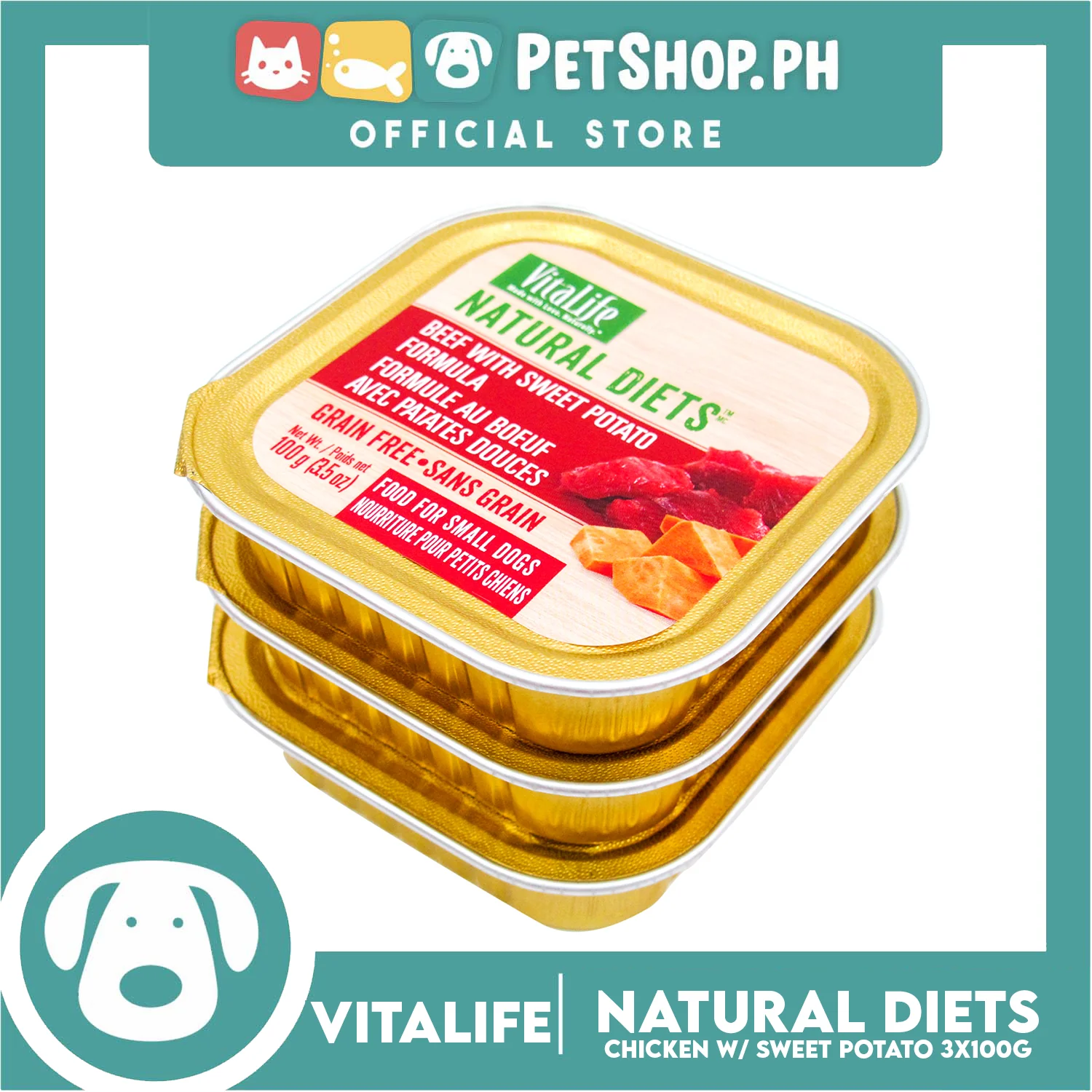 3pcs VitaLife Natural Diets, Grain Free 100g (Beef With Sweet Potato Formula) Dog Food for Small Dogs, Dog Wet Food - Image 4