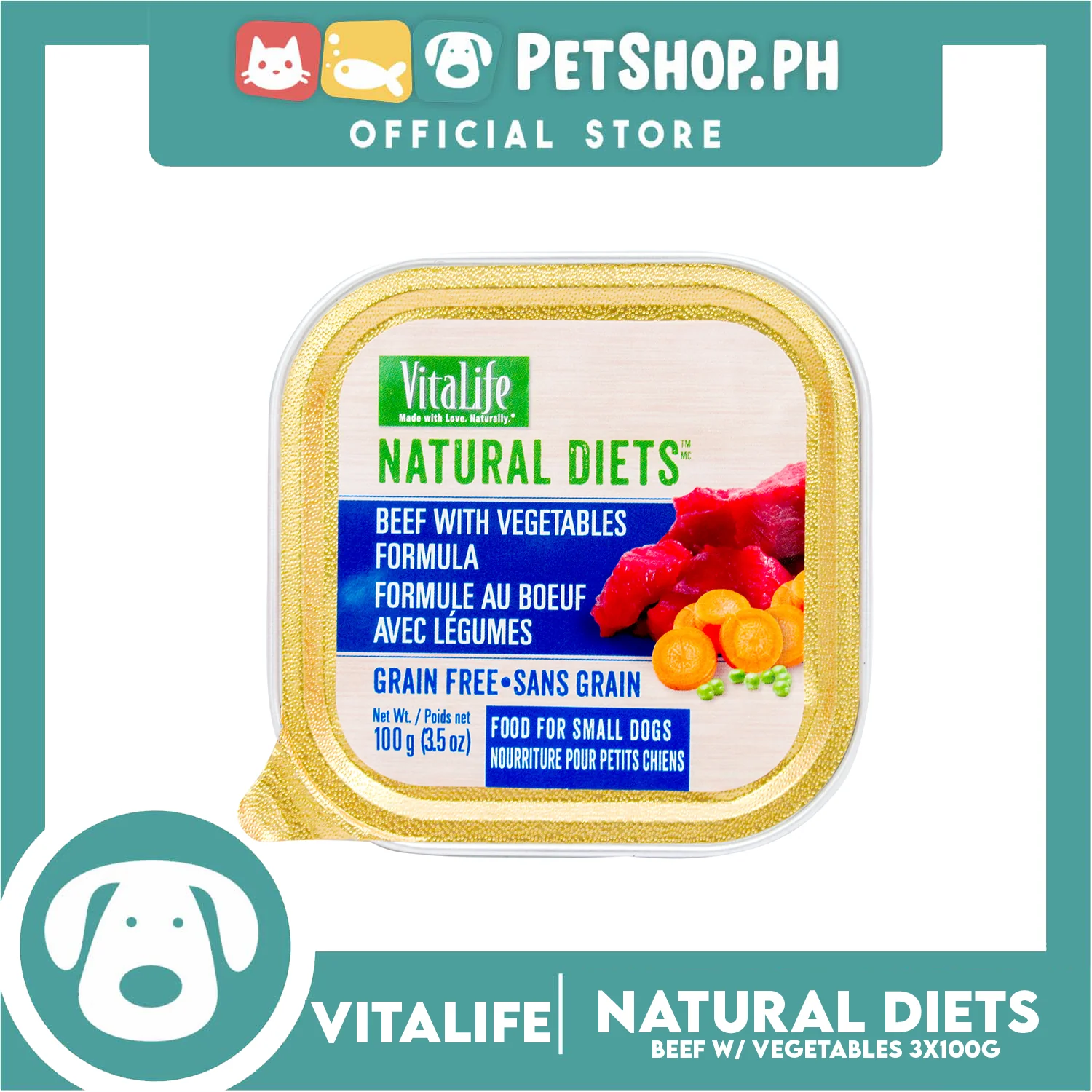 3pcs VitaLife Natural Diets, Grain Free 100g (Beef With Vegetables) Dog Food for Small Dogs, Dog Wet Food - Image 4