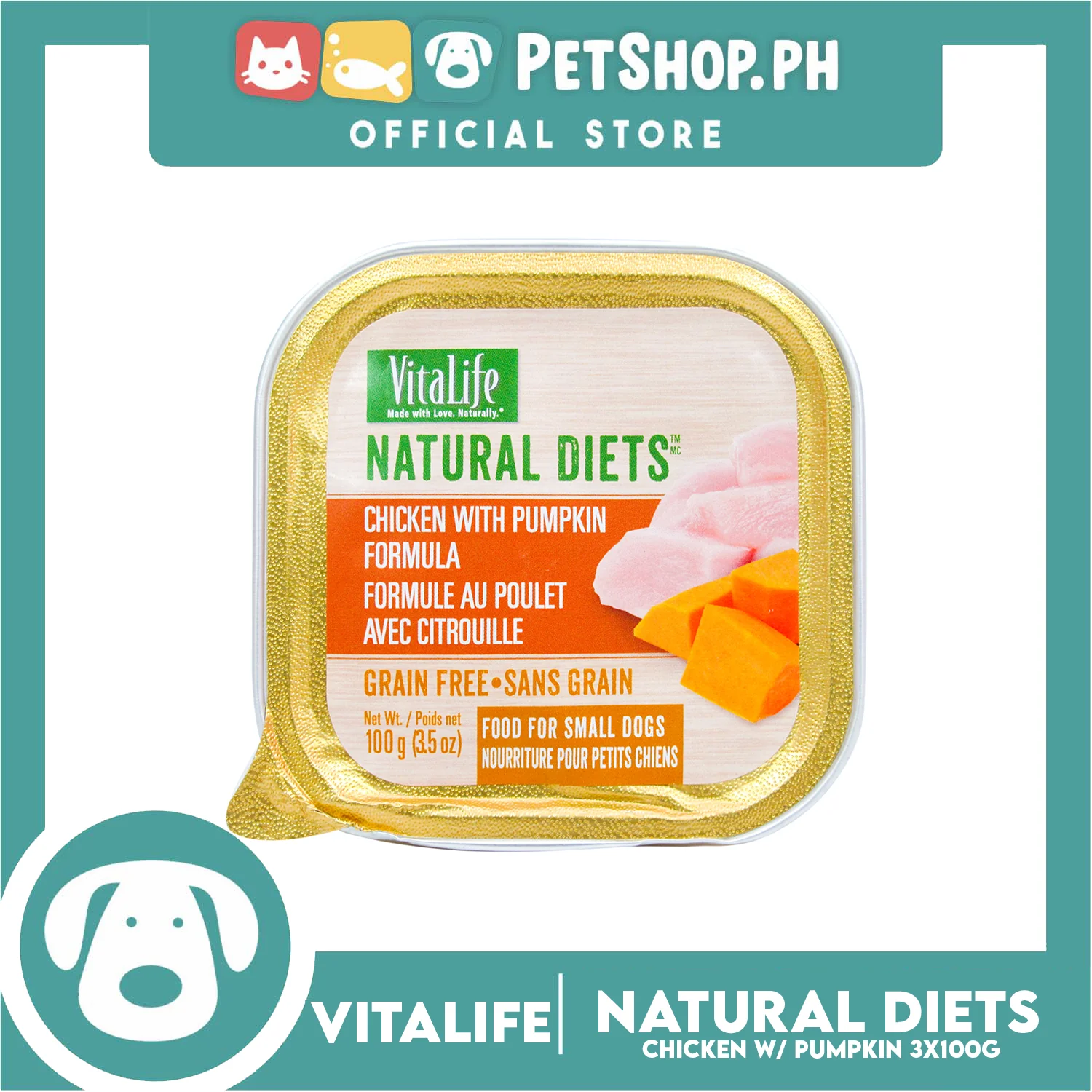 3pcs VitaLife Natural Diets, Grain Free 100g (Chicken With Pumpkin) Dog Food for Small Dogs, Dog Wet Food - Image 4