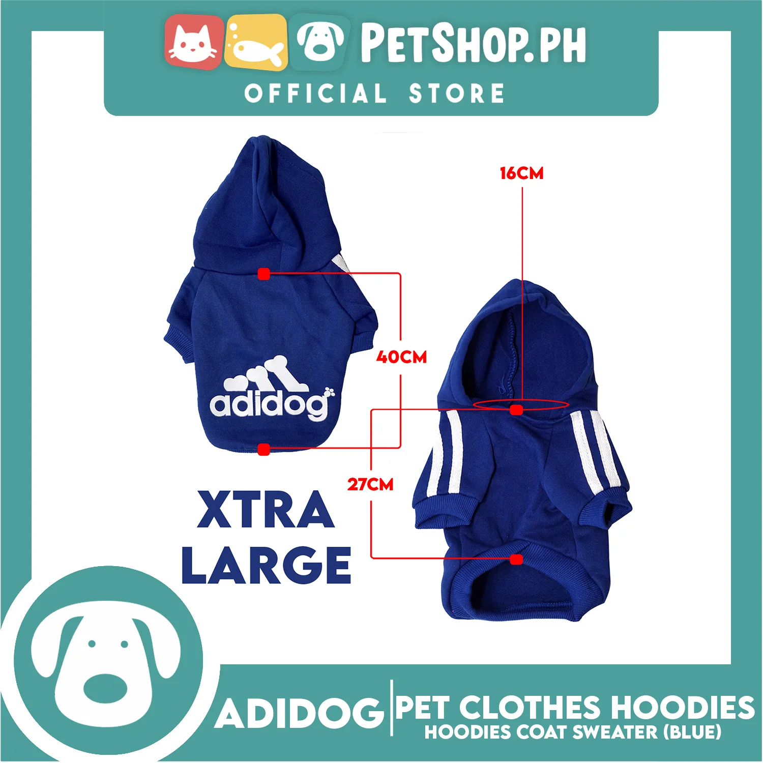 Adidog Pet Clothes Hoodies, Cute Warm Winter Hoodies Coat Sweater (Blue) Extra Large - Image 2