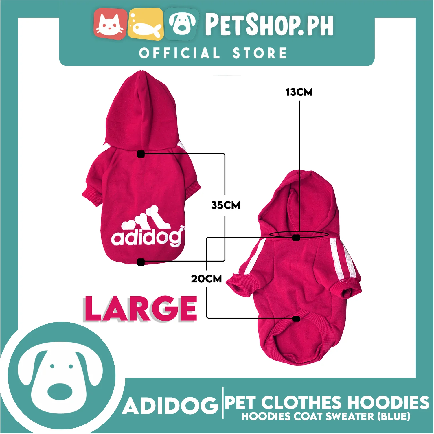 Adidog Pet Clothes Hoodies, Cute Warm Winter Hoodies Coat Sweater (Pink) Large - Image 2