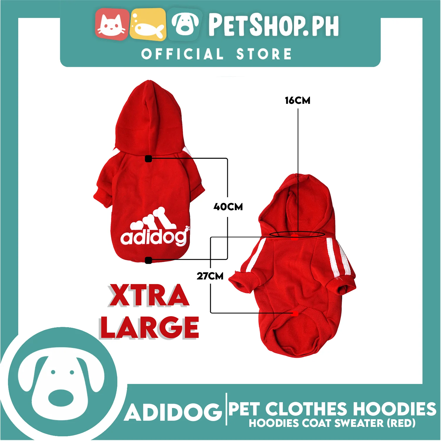 Adidog Pet Clothes Hoodies, Dog Winter Hoodies Apparel Puppy Cute Warm Hoodies Coat Sweater (Red) (XL) - Image 2