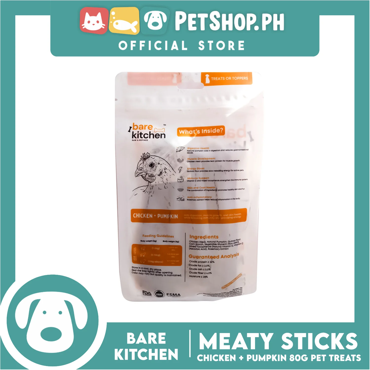 Bare Kitchen Meaty Sticks (Chicken + Pumpkin) Premium Meat Cuts Pet Treats 80g - Image 2