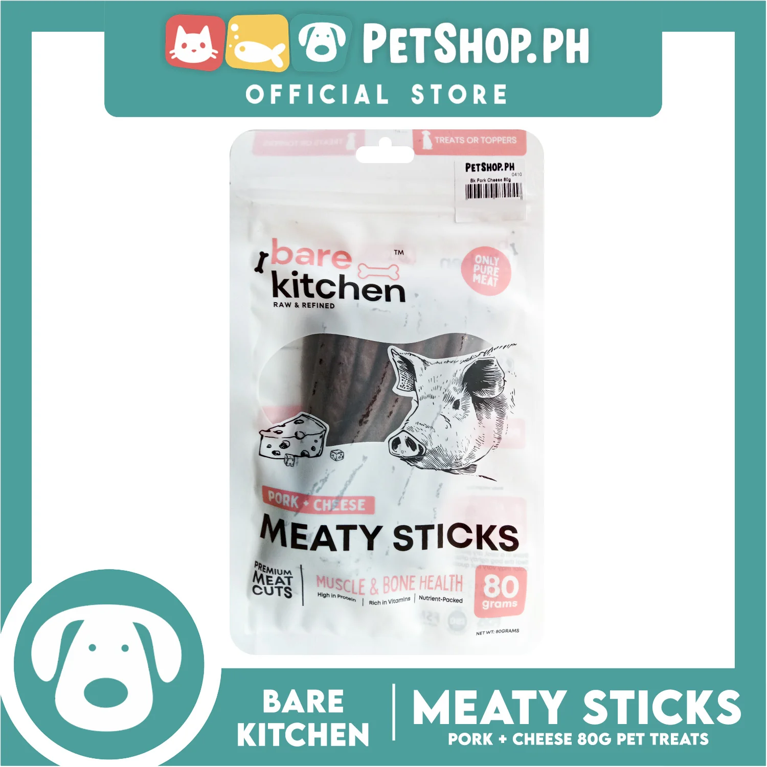 Bare Kitchen Meaty Sticks (Pork + Cheese) Premium Meat Cuts Pet Treats 80g