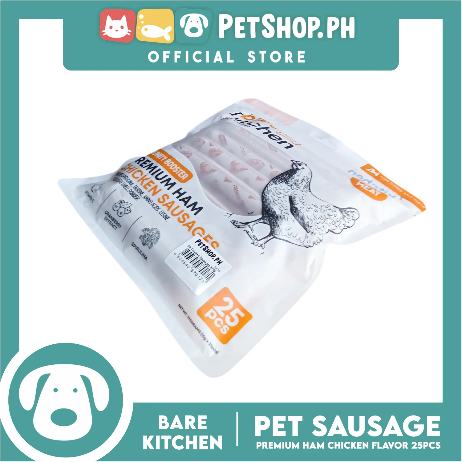 Bare Kitchen Premium Ham and Chicken Sausage Dog and Cat Food 25pcs/pack 375g - Image 2