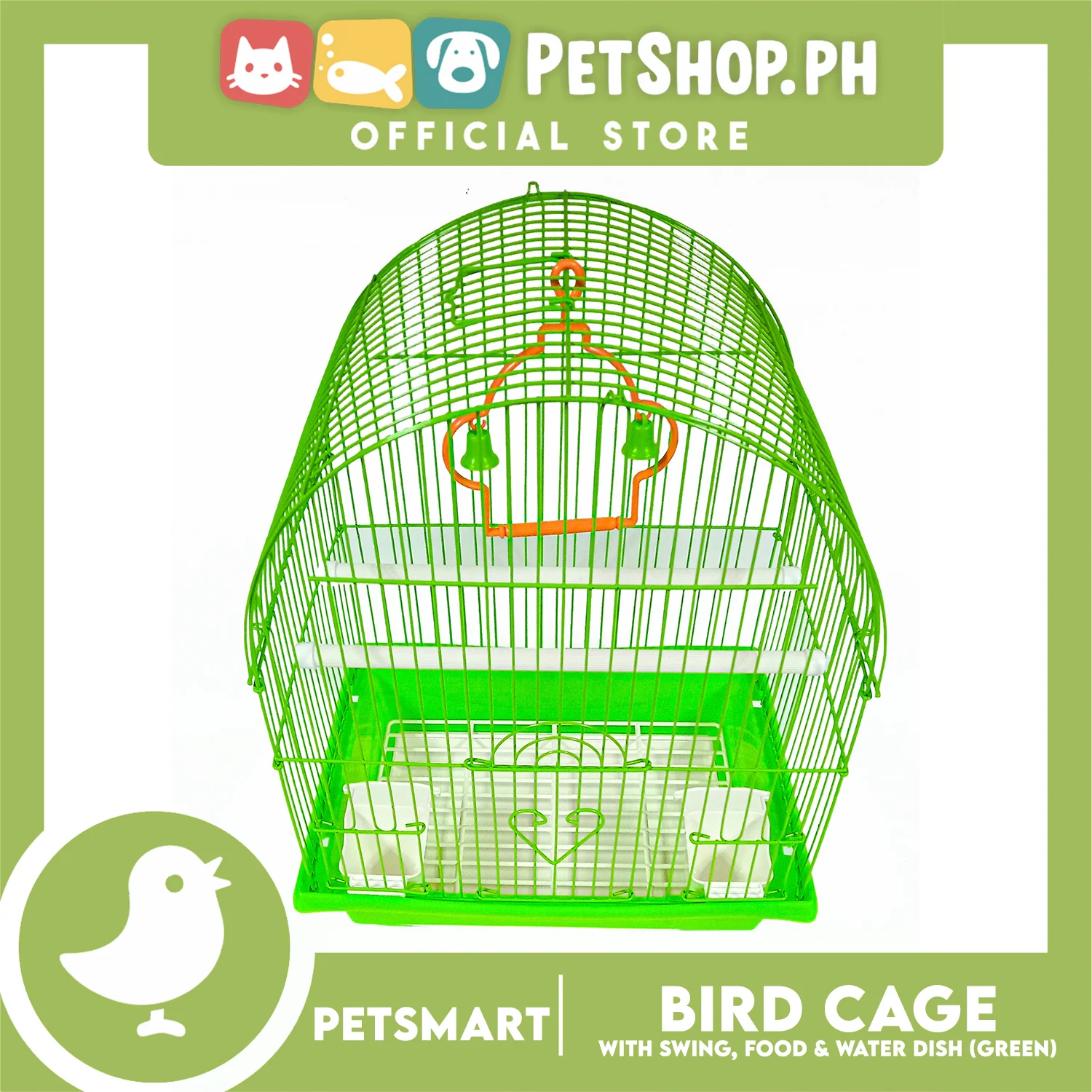Bird Cage with Swing, Food and Water Dish (1000) Green Color, 30cm x 23cm x 40cm - Image 2