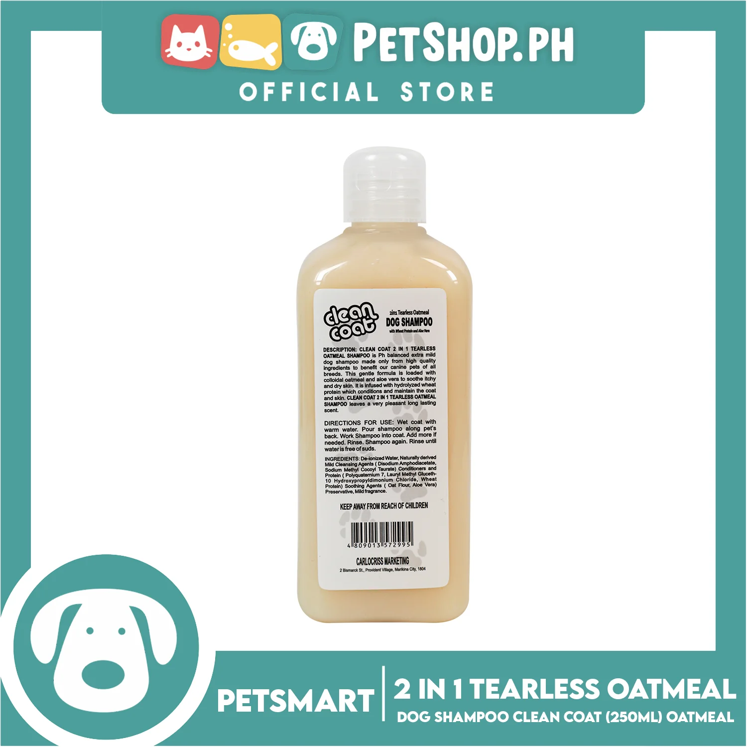 Clean Coat 2 in 1 Tearless Oatmeal With Wheat Protein And Aloe Vera 250ml Dog Shampoo - Image 3