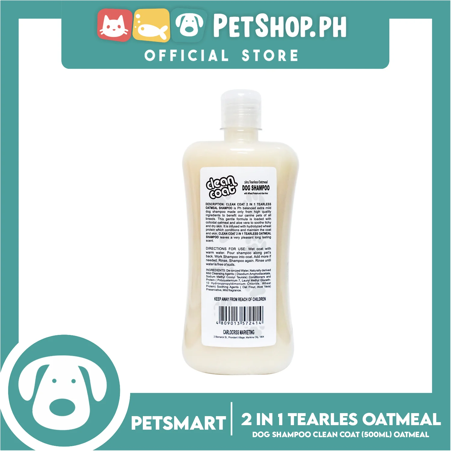 Clean Coat 2 in 1 Tearless Oatmeal With Wheat Protein And Aloe Vera 500ml Dog Shampoo - Image 2