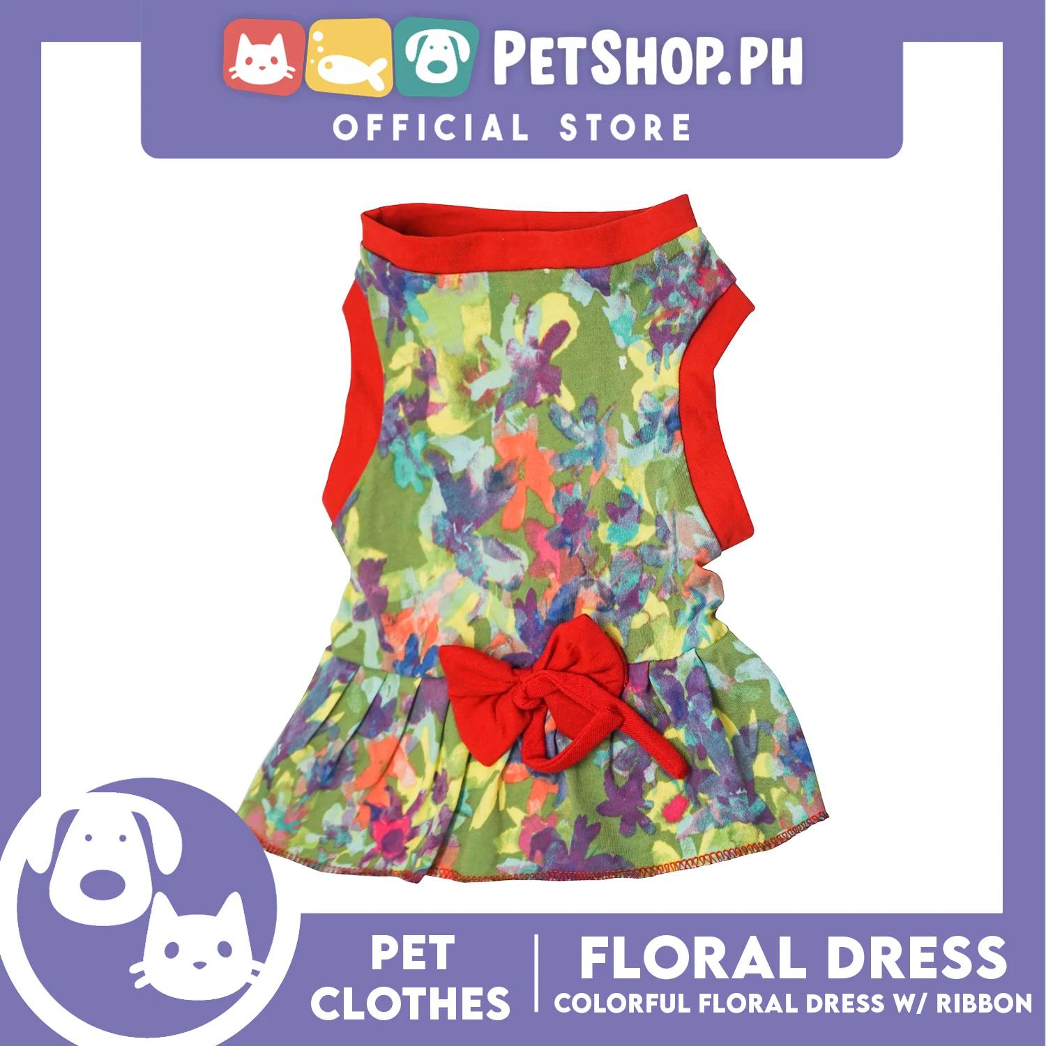 Colorful Floral Pet Dress with Red Ribbon (Extra Large) Pet Shirt for Puppy, Small Dogs and Cats - Image 2
