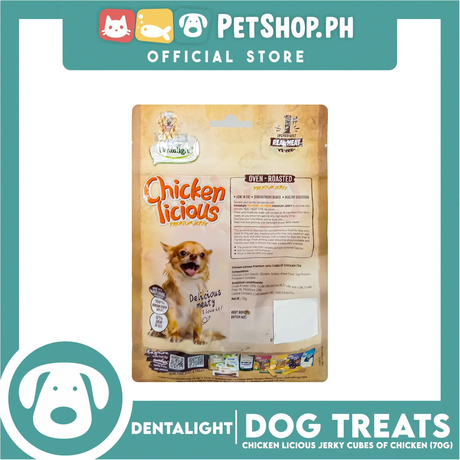 Dentalight Chicken Licious Premium Jerky (Cubes of Chicken) Oven-roasted 70grams - Image 3