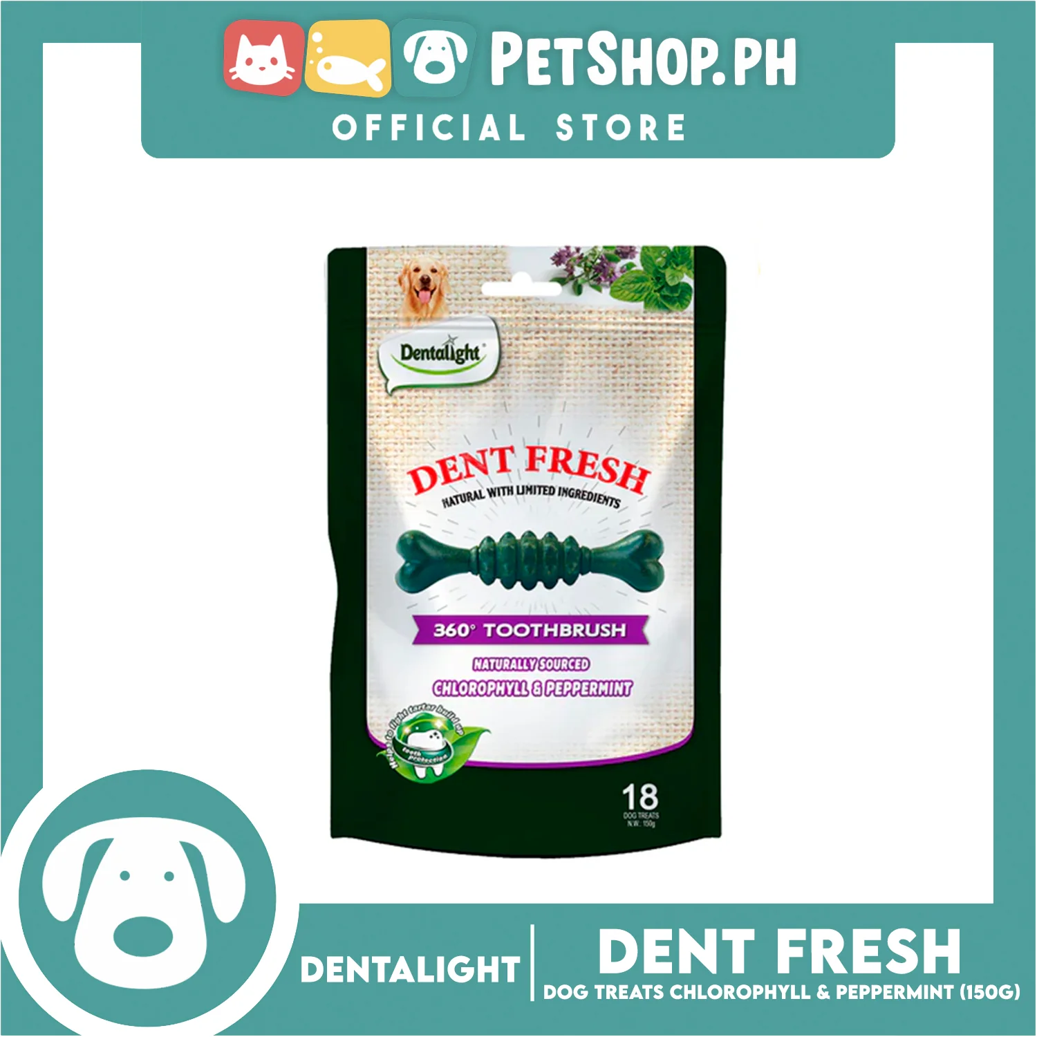 Dentalight Dent Fresh 360° Toothbrush Peppermint Fresh Breath Dog Treats 18s 150g - Image 4