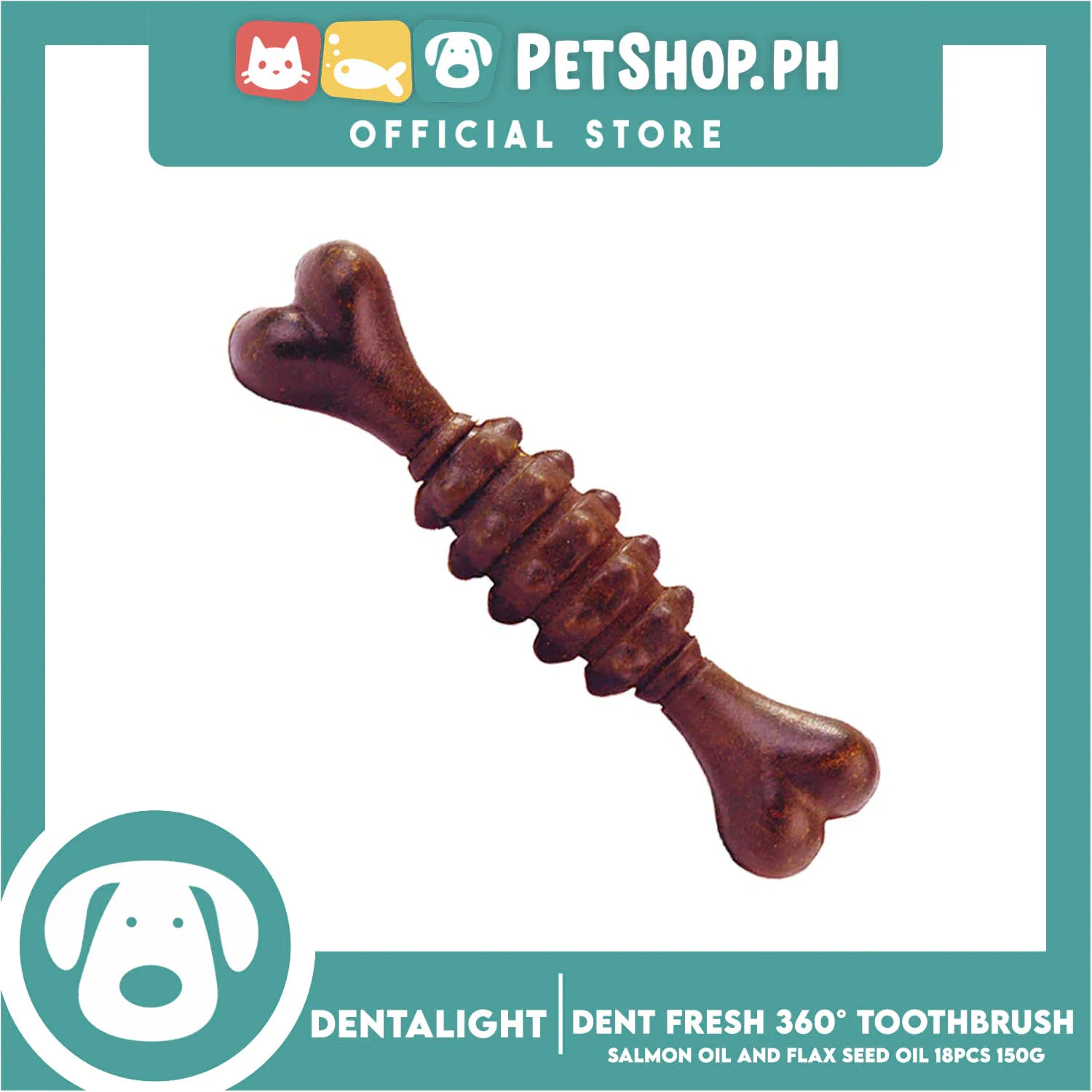 Dentalight Dent Fresh 360° Toothbrush Salmon Flaxseed Coat Care Dog Treats 150g - Image 2