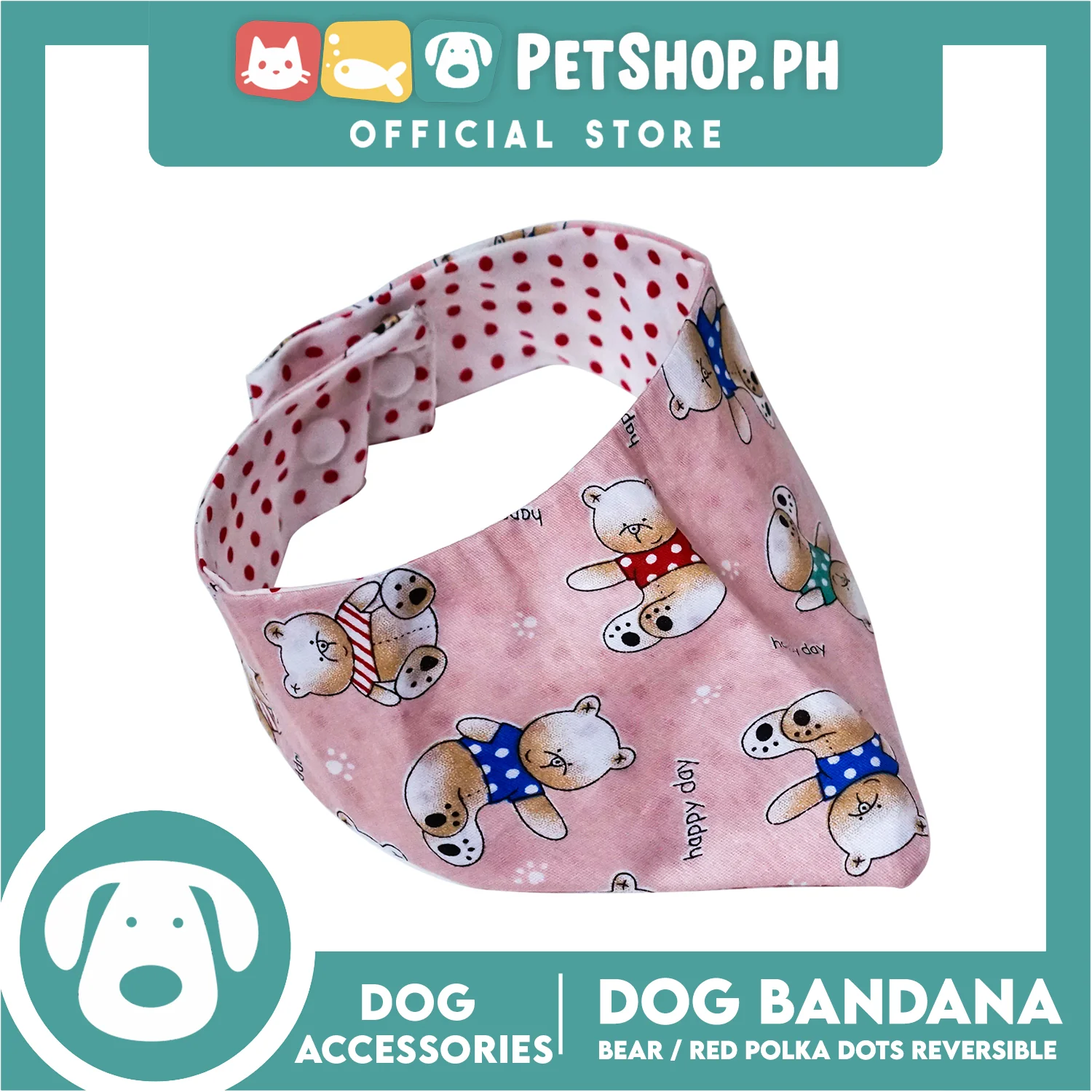 Dog Bandana Bear with Red Polka Dots Design Reversible (Extra Large) Washable Scarf - Image 4