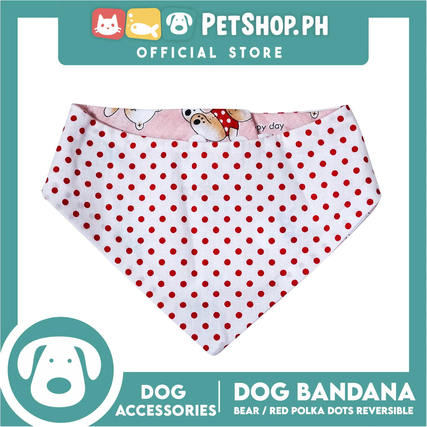 Dog Bandana Bear with Red Polka Dots Design Reversible (Extra Large) Washable Scarf - Image 5
