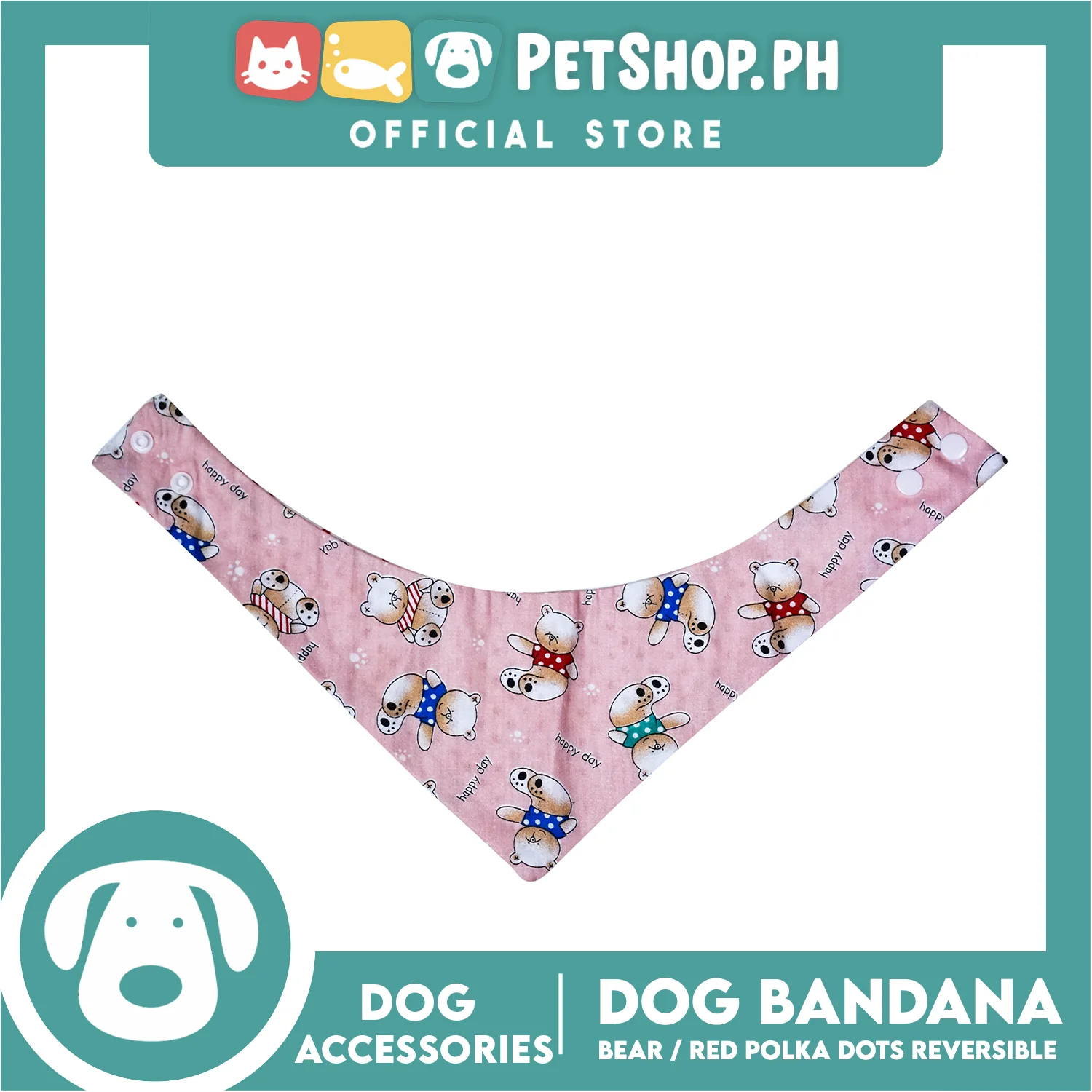 Dog Bandana Bear with Red Polka Dots Design Reversible (Small) Washable Scarf - Image 5