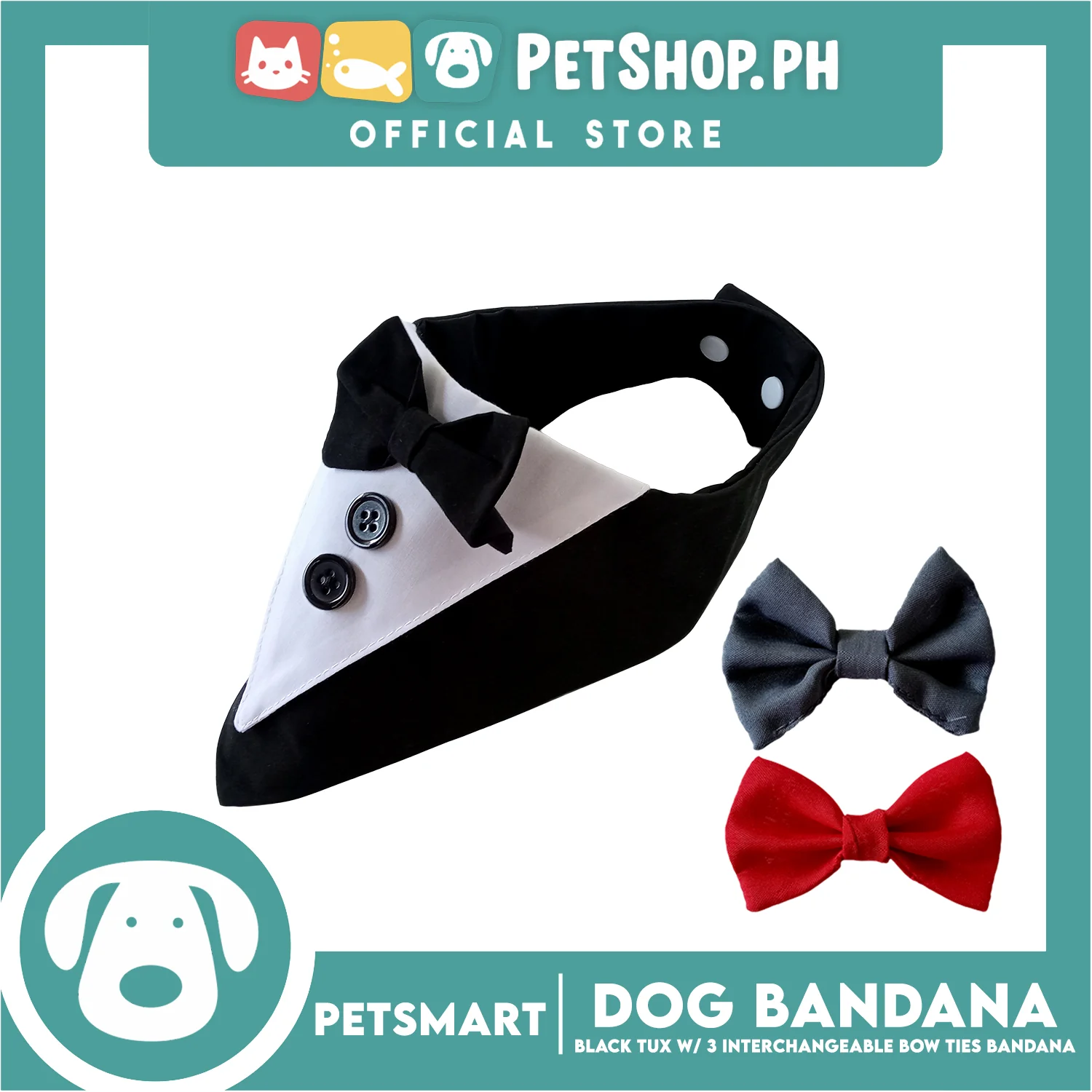 Dog Bandana, Black Tuxedo with 3 Interchangeable Bow Ties DB-CTN45L (Large) Soft and Comfortable Pet Bandana - Image 2