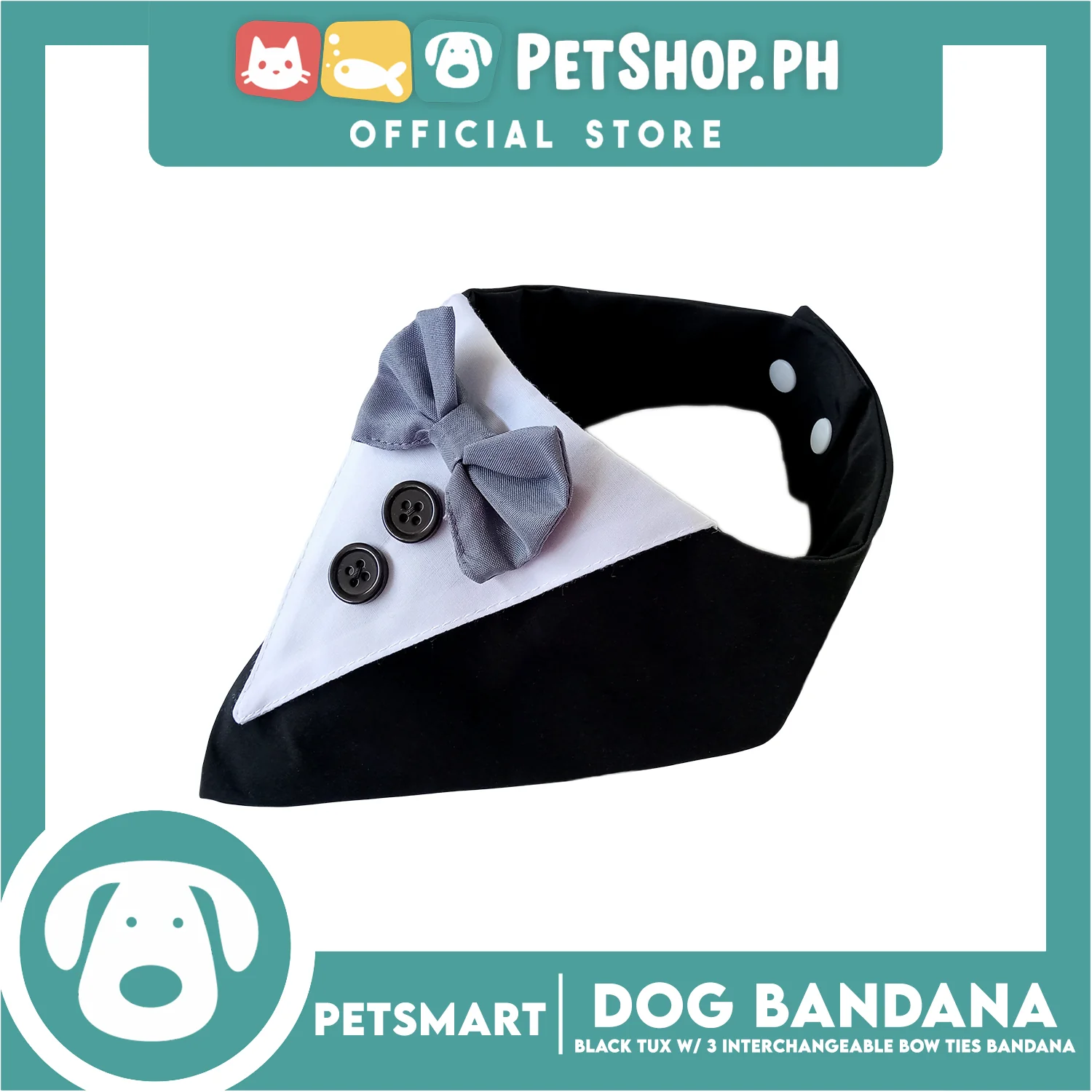 Dog Bandana, Black Tuxedo with 3 Interchangeable Bow Ties DB-CTN45L (Large) Soft and Comfortable Pet Bandana - Image 3