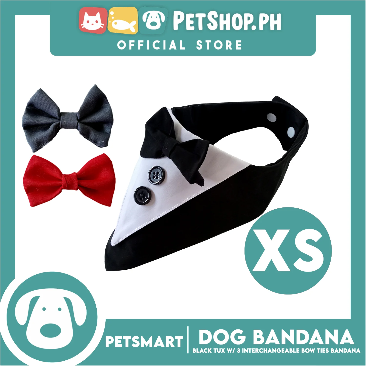 Dog Bandana, Black Tuxedo with 3 Interchangeable Bow Ties DB-CTN45XS (XS) Soft and Comfortable Pet Bandana