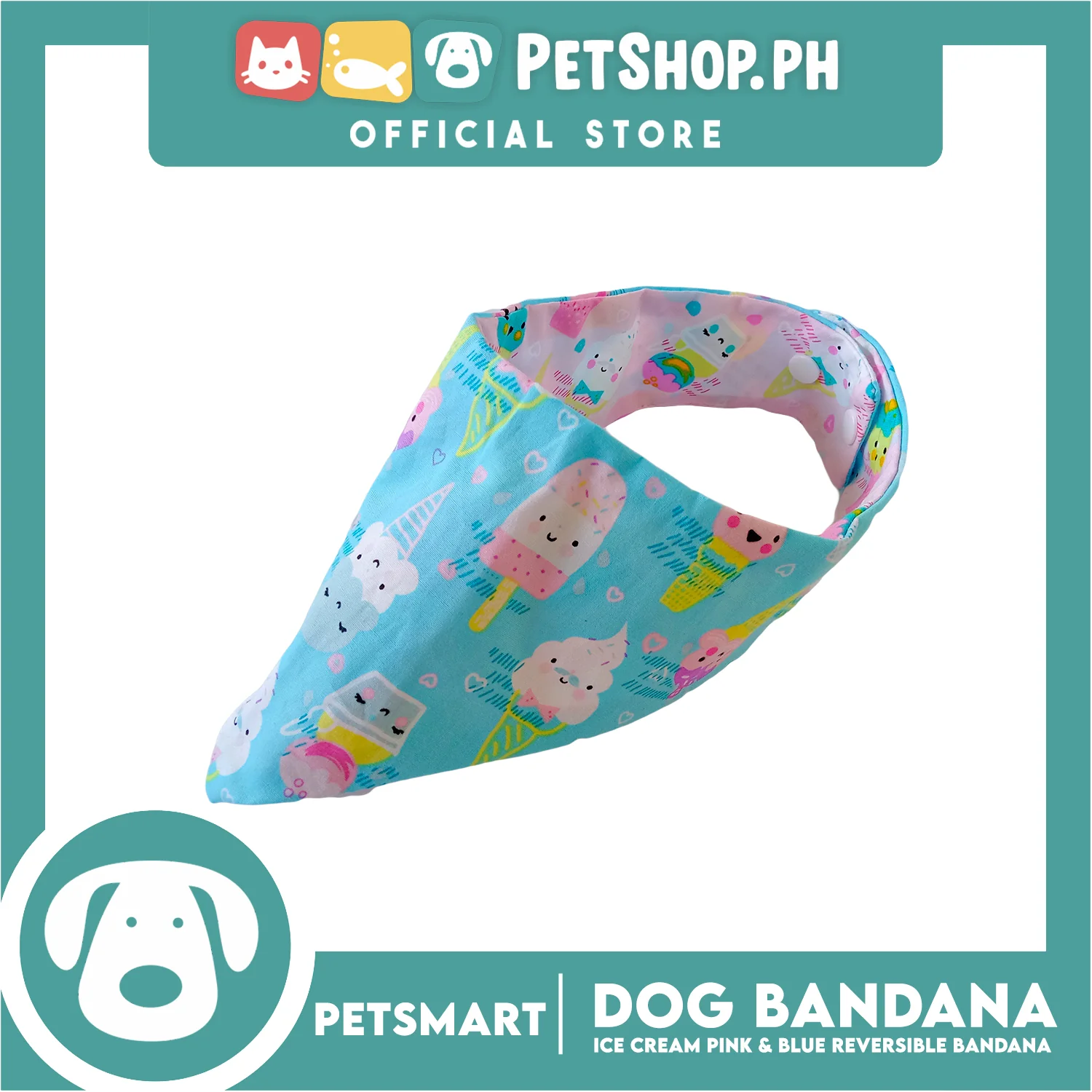 Dog Bandana, Ice Cream Design, Pink and Blue Reversible Bandana DB-CTN40L (Large) Soft and Comfortable Pet Bandana - Image 4