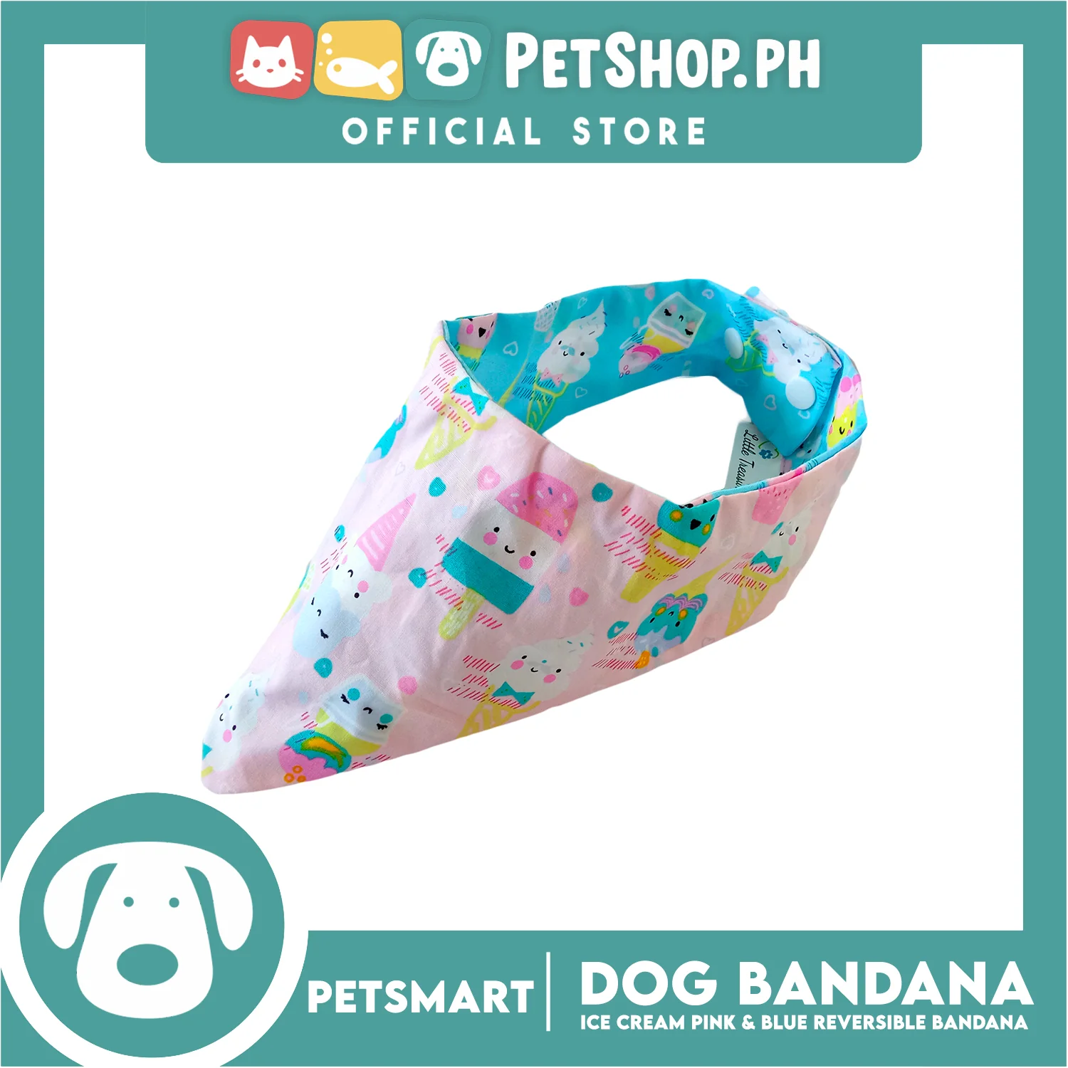Dog Bandana, Ice Cream Design, Pink and Blue Reversible Bandana DB-CTN40L (Large) Soft and Comfortable Pet Bandana - Image 5