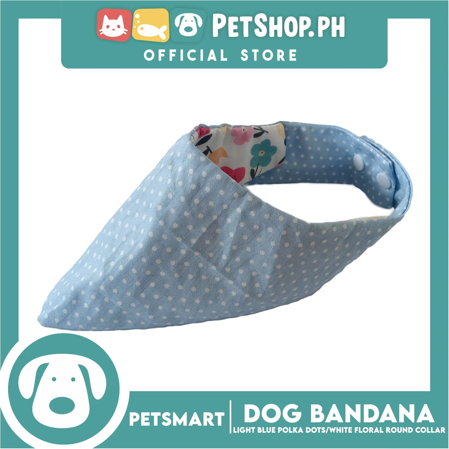 Dog Bandana, Light Blue Polka Dots with White Floral Round Collar Design DB-CTN43M (Medium) Soft and Comfortable Pet Bandana - Image 3