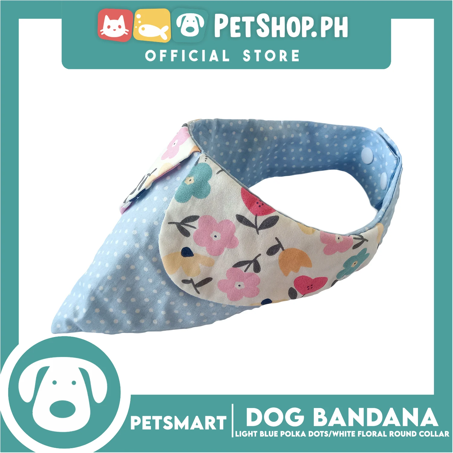 Dog Bandana, Light Blue Polka Dots with White Floral Round Collar Design DB-CTN43M (Medium) Soft and Comfortable Pet Bandana - Image 5