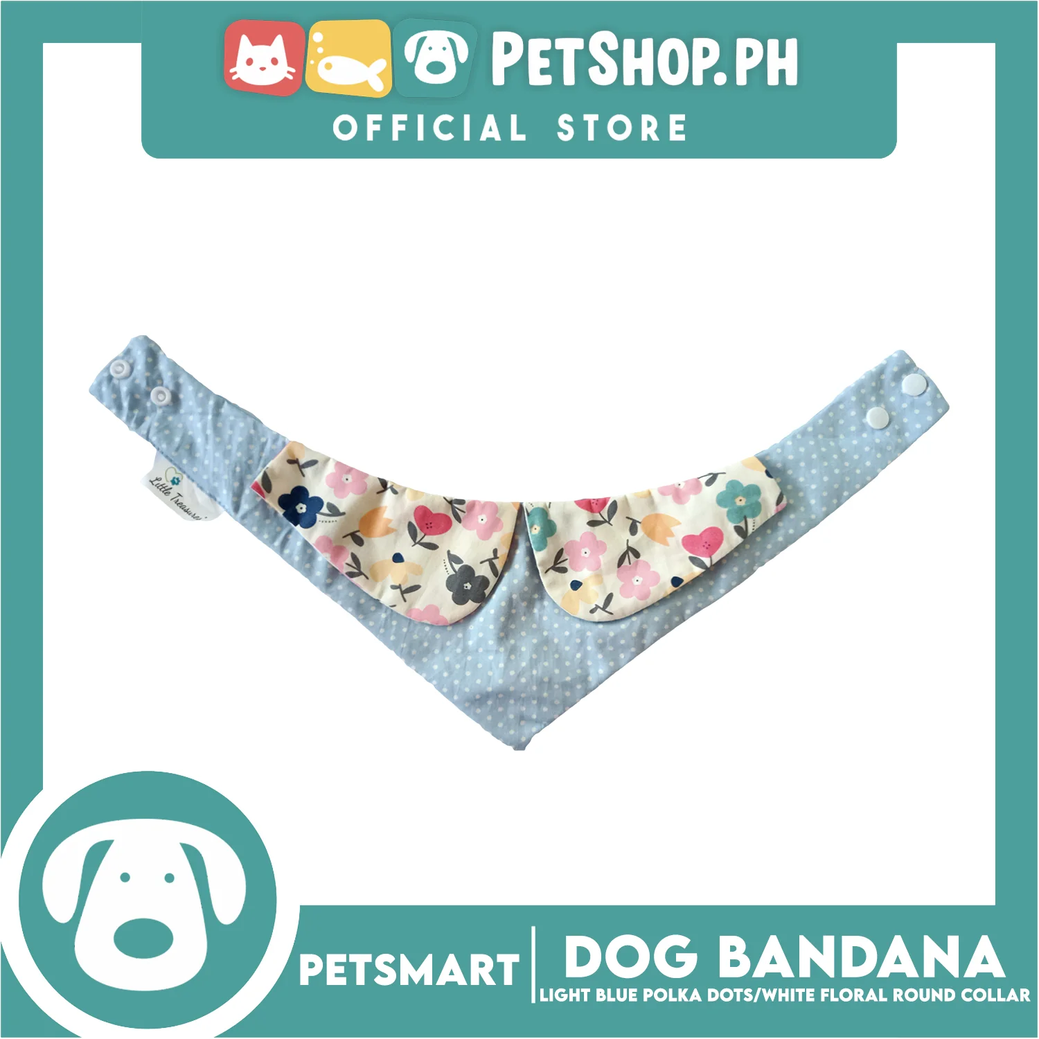 Dog Bandana, Light Blue Polka Dots with White Floral Round Collar Design DB-CTN43XS (XS) Soft and Comfortable Pet Bandana - Image 2