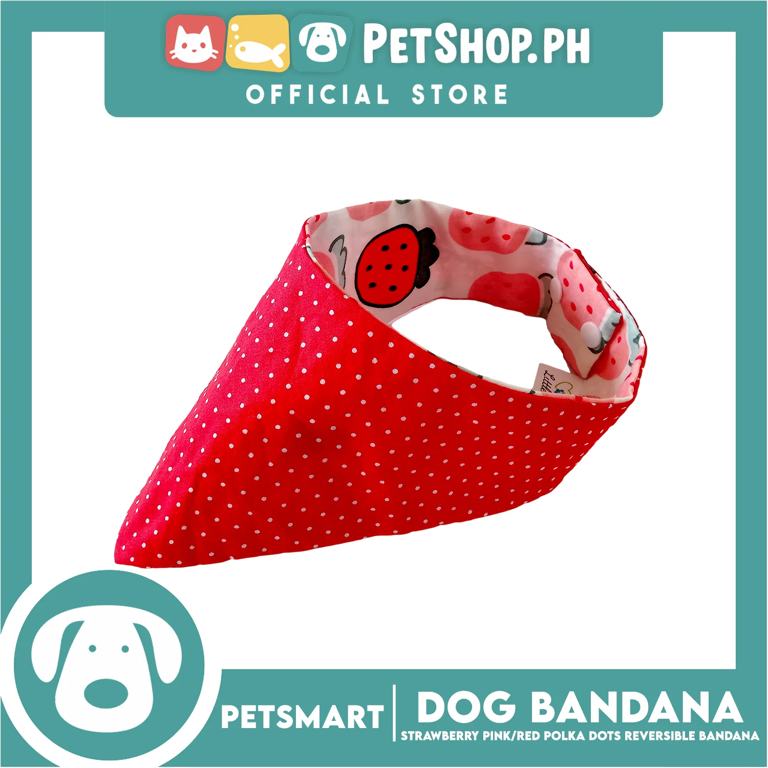 Dog Bandana, Strawberry Design, Pink with Red Polka Dots Reversible Bandana DB-CTN41L (Large) Soft and Comfortable Pet Bandana - Image 2