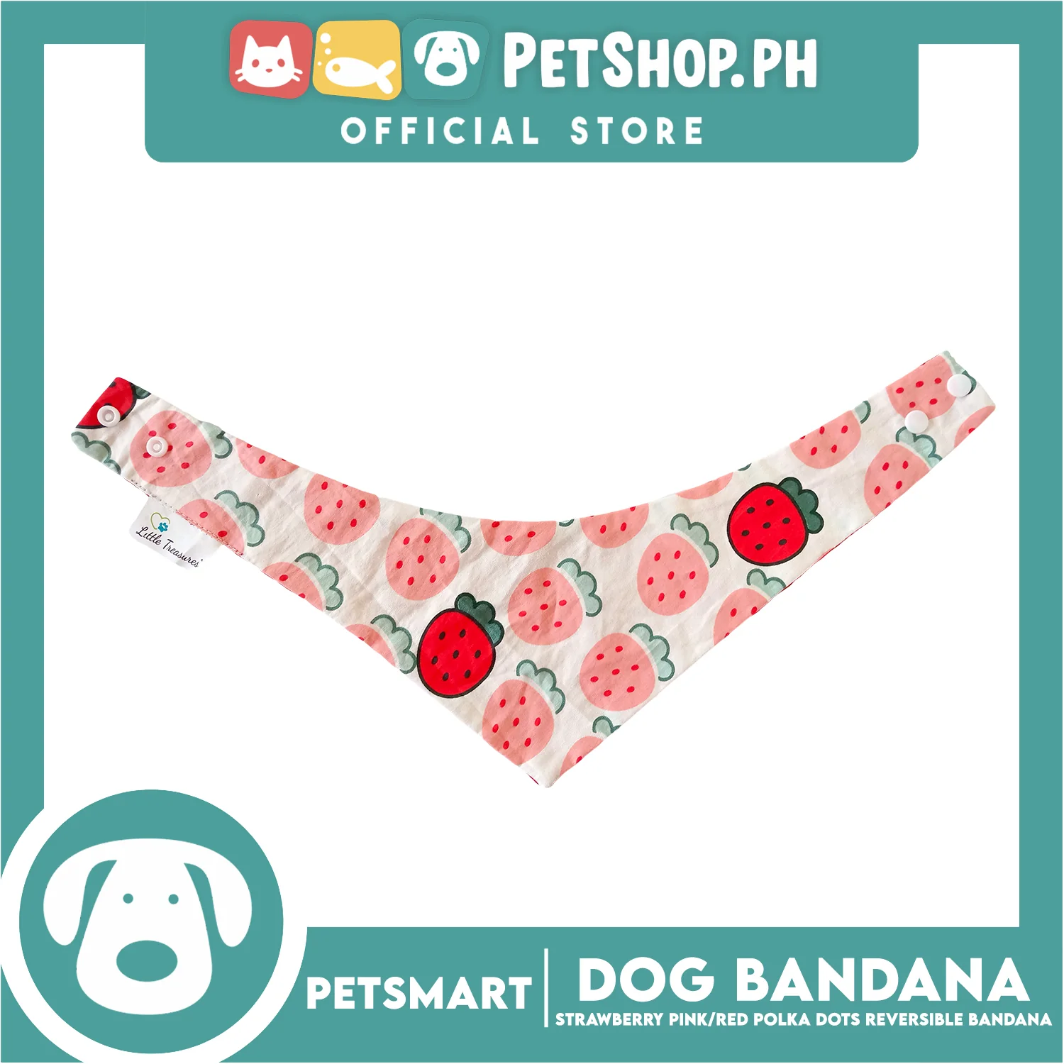 Dog Bandana, Strawberry Design, Pink with Red Polka Dots Reversible Bandana DB-CTN41M (Medium) Soft and Comfortable Pet Bandana - Image 2