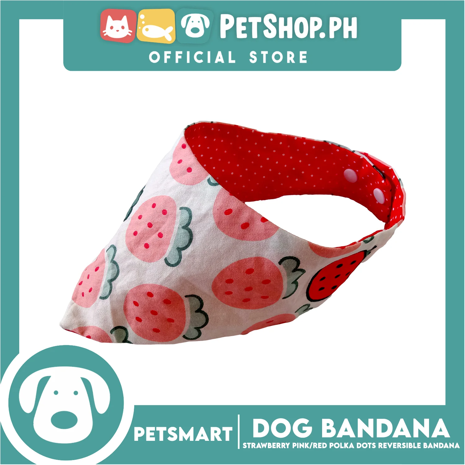 Dog Bandana, Strawberry Design, Pink with Red Polka Dots Reversible Bandana DB-CTN41S (Small) Soft and Comfortable Pet Bandana - Image 2