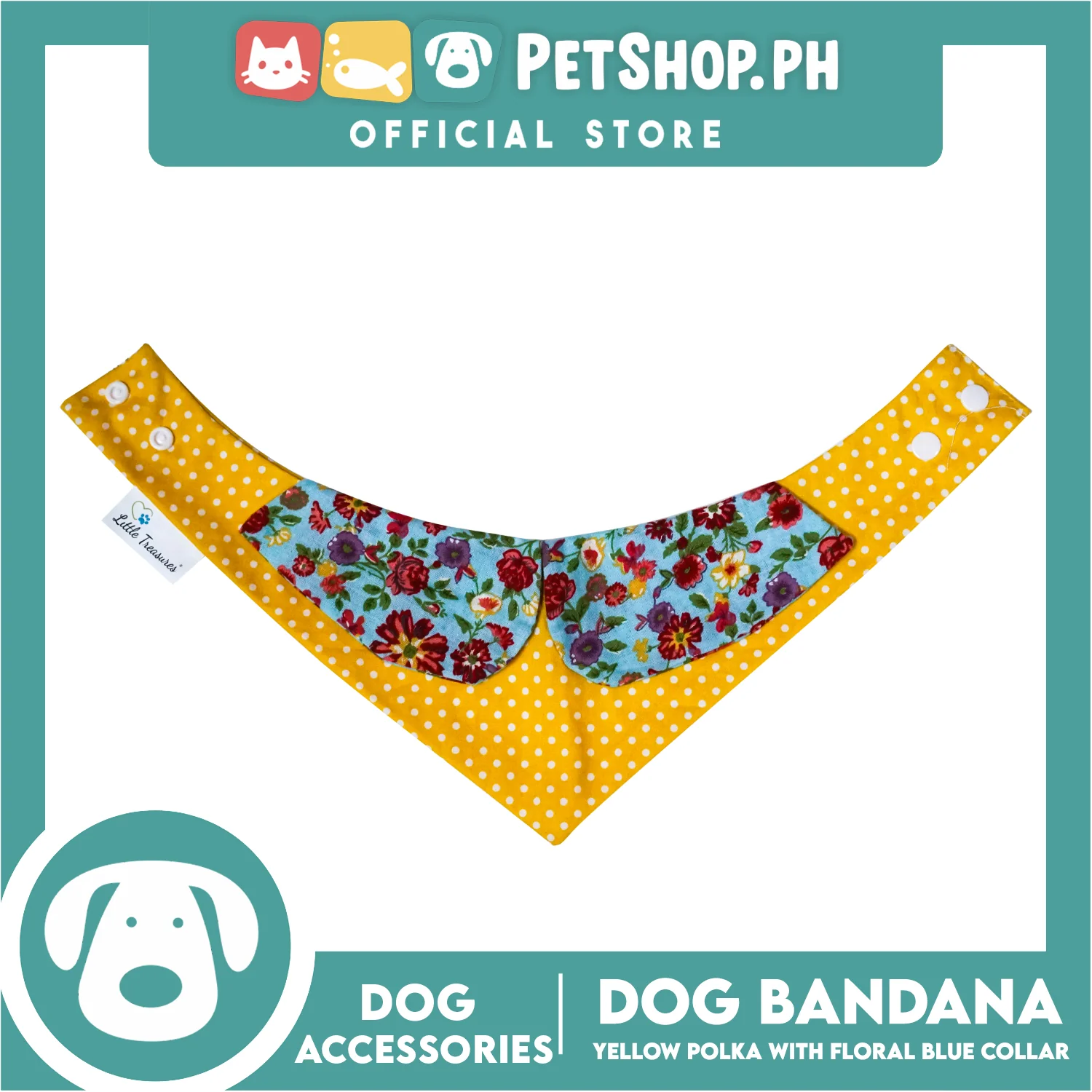 Dog Bandana Yellow Polka with Floral Blue Collar Design (Large) Washable Scarf - Image 3