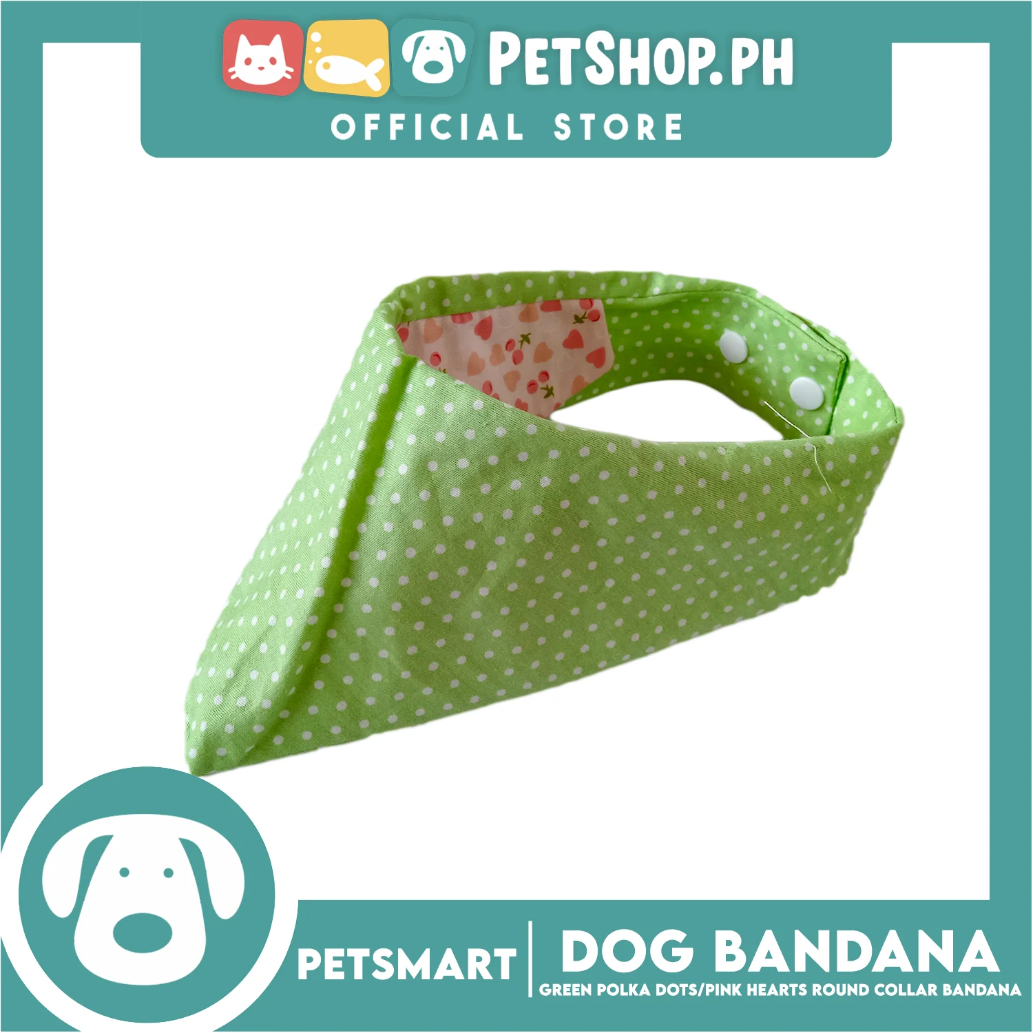Dog Collar Bandana, Green Polka Dots with Pink Heart Round Collar Bandana DB-CTN42L (Large) Soft and Comfortable Pet Bandana - Image 3