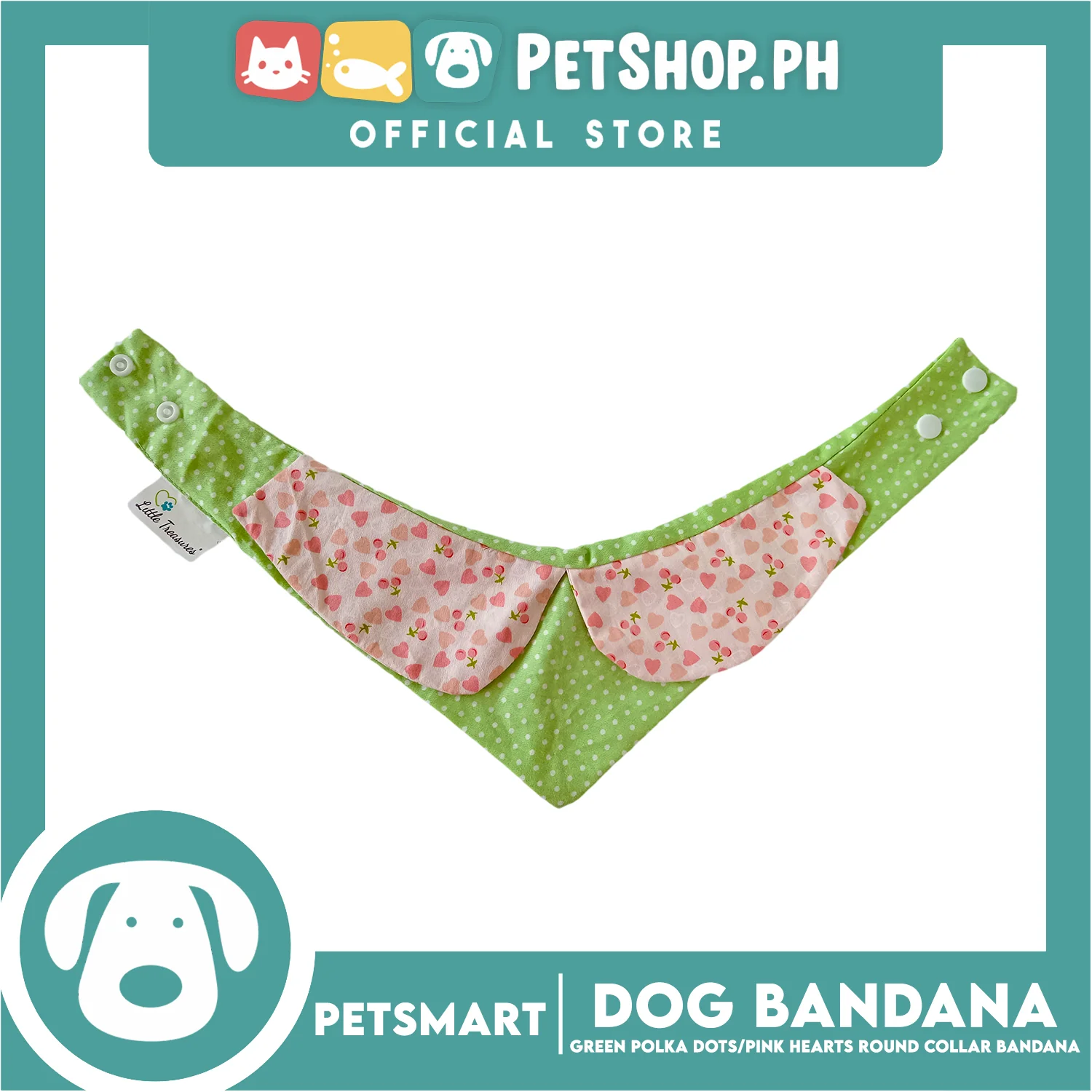 Dog Collar Bandana, Green Polka Dots with Pink Heart Round Collar Bandana DB-CTN42M (Medium) Soft and Comfortable Pet Bandana - Image 3