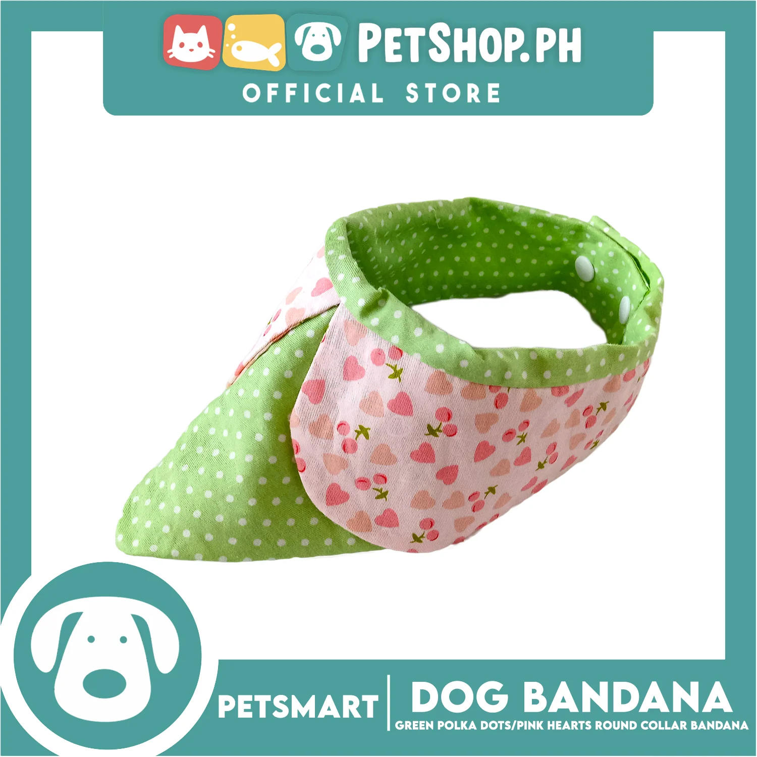 Dog Collar Bandana, Green Polka Dots with Pink Heart Round Collar Bandana DB-CTN42XS (XS) Soft and Comfortable Pet Bandana - Image 2