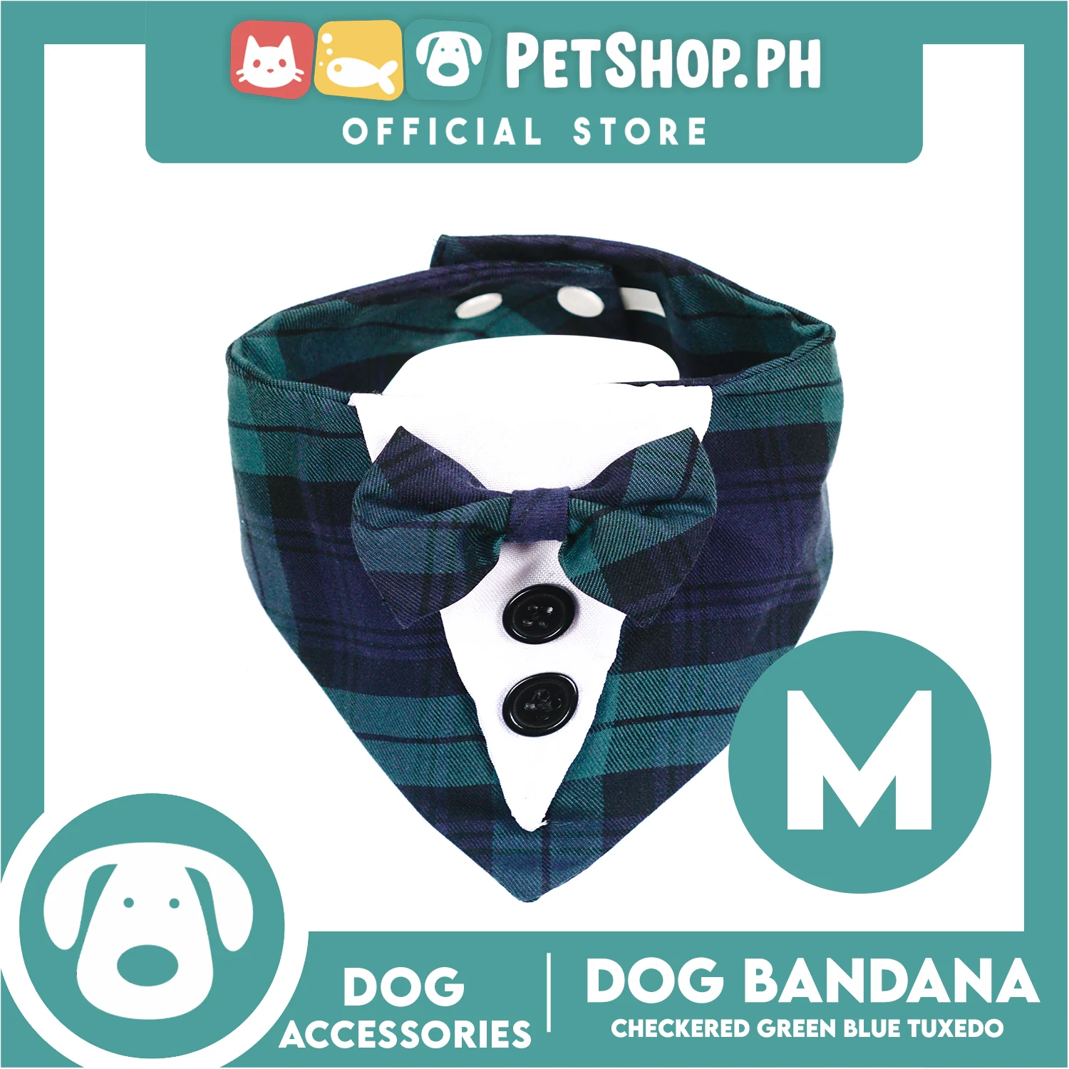 Dog Pet Bandana Blue and Green Checkered Tuxedo Design Washable Scarf (Medium)