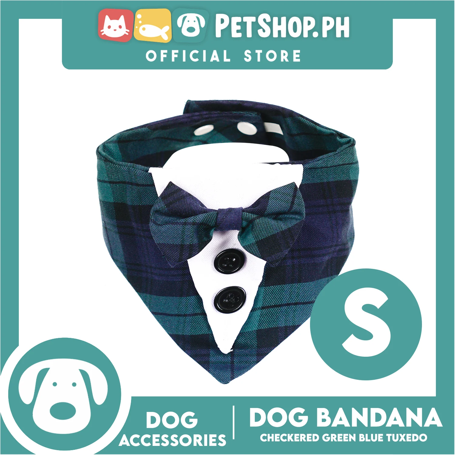 Dog Pet Bandana Blue and Green Checkered Tuxedo Design Washable Scarf (Small)
