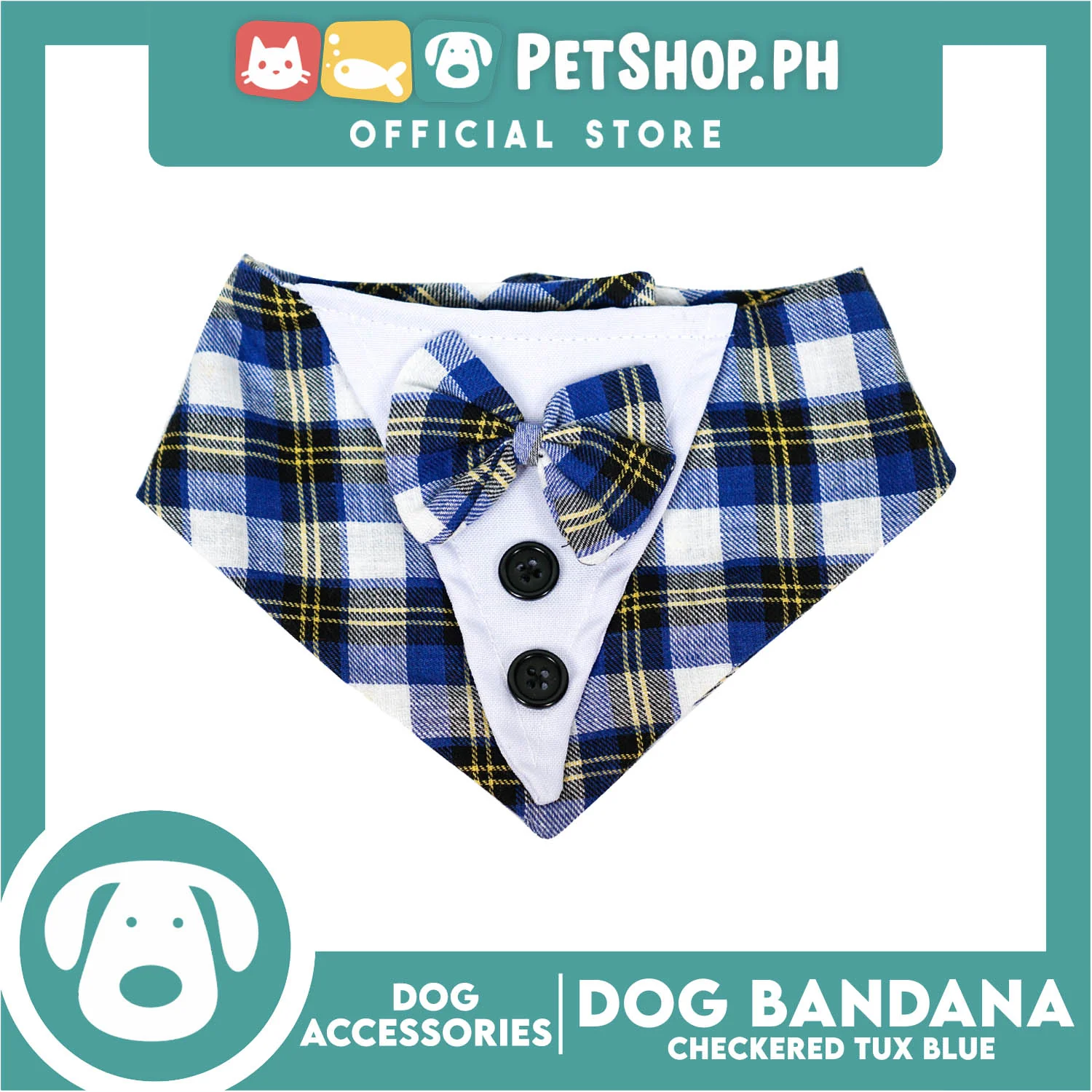 Dog Pet Bandana Blue Checkered Tuxedo Design Washable Scarf (Large) - Image 2