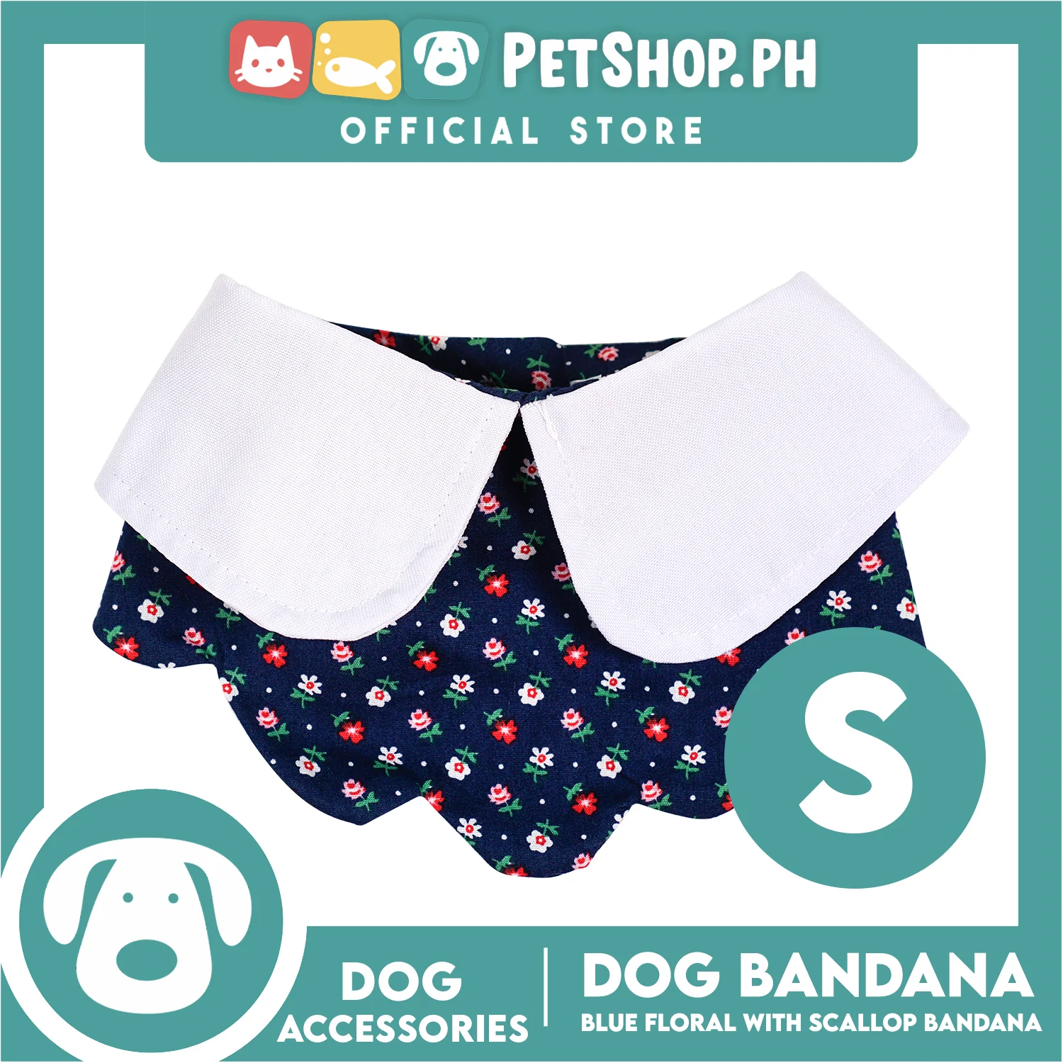 Dog Pet Bandana Blue Floral Scallop Design Washable Scarf (Small)