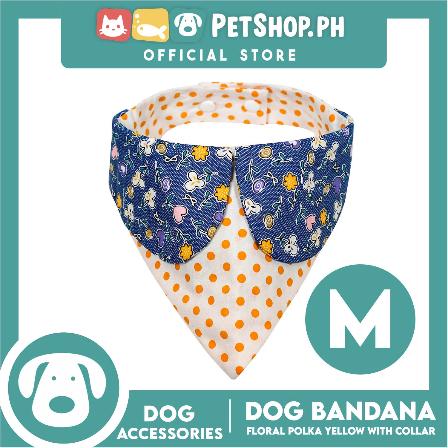 Dog Pet Bandana Blue Floral Yellow Polka Dots Design with Collar Washable Scarf (Medium)
