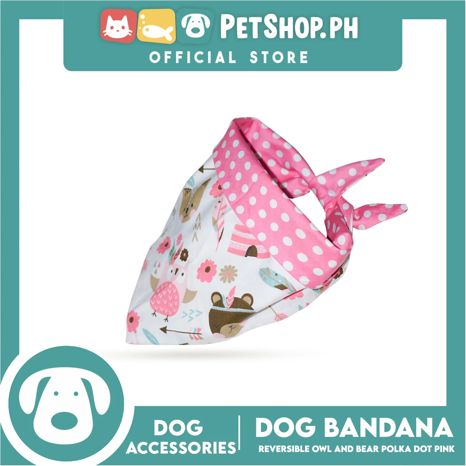 Dog Pet Bandana (Large) Reversible Owl and Bear Polka Dot Pink Washable Scarf - Image 2