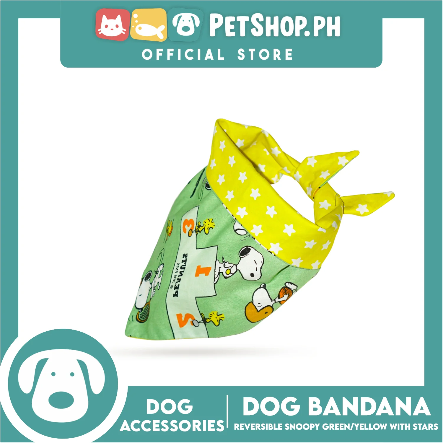 Dog Pet Bandana (Large) Reversible Snoopy Green/Yellow with Stars Washable Scarf - Image 2