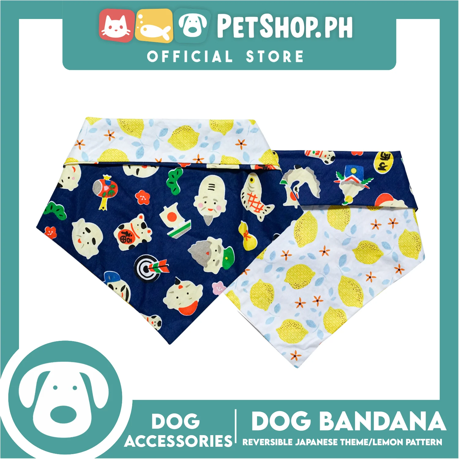 Dog Pet Bandana (Medium) Reversible Japanese Theme/Lemon Pattern Washable Scarf - Image 3