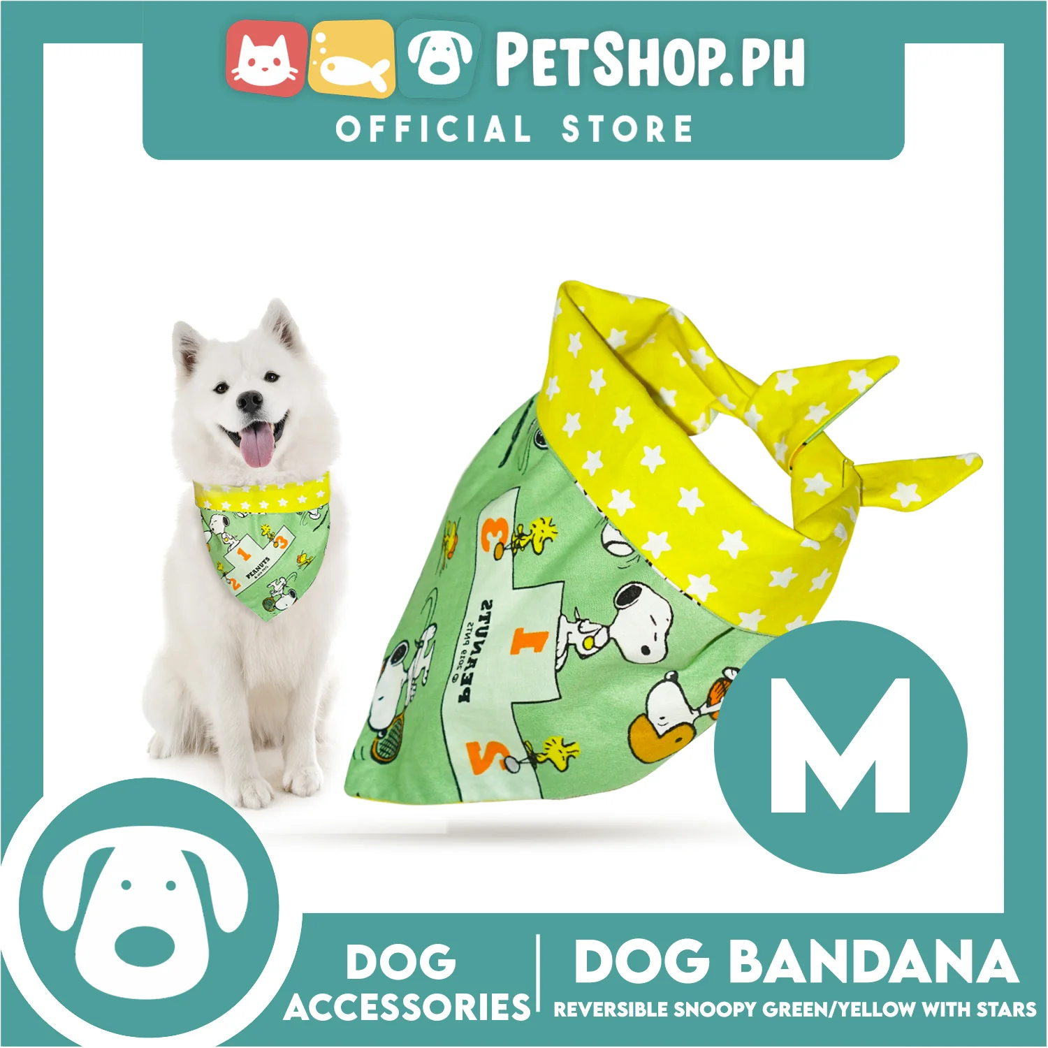 Dog Pet Bandana (Medium) Reversible Snoopy Green/Yellow with Stars Washable Scarf