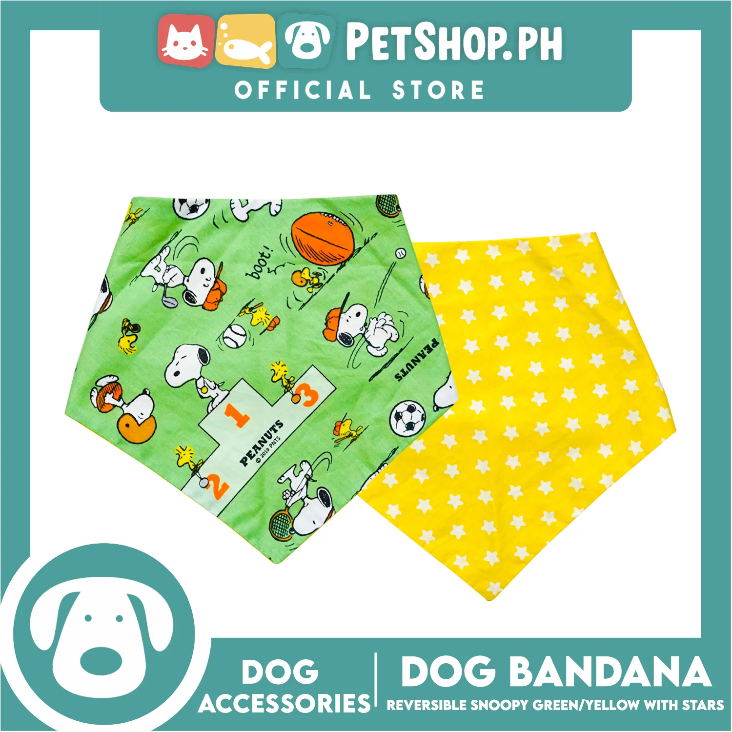 Dog Pet Bandana (Medium) Reversible Snoopy Green/Yellow with Stars Washable Scarf - Image 2