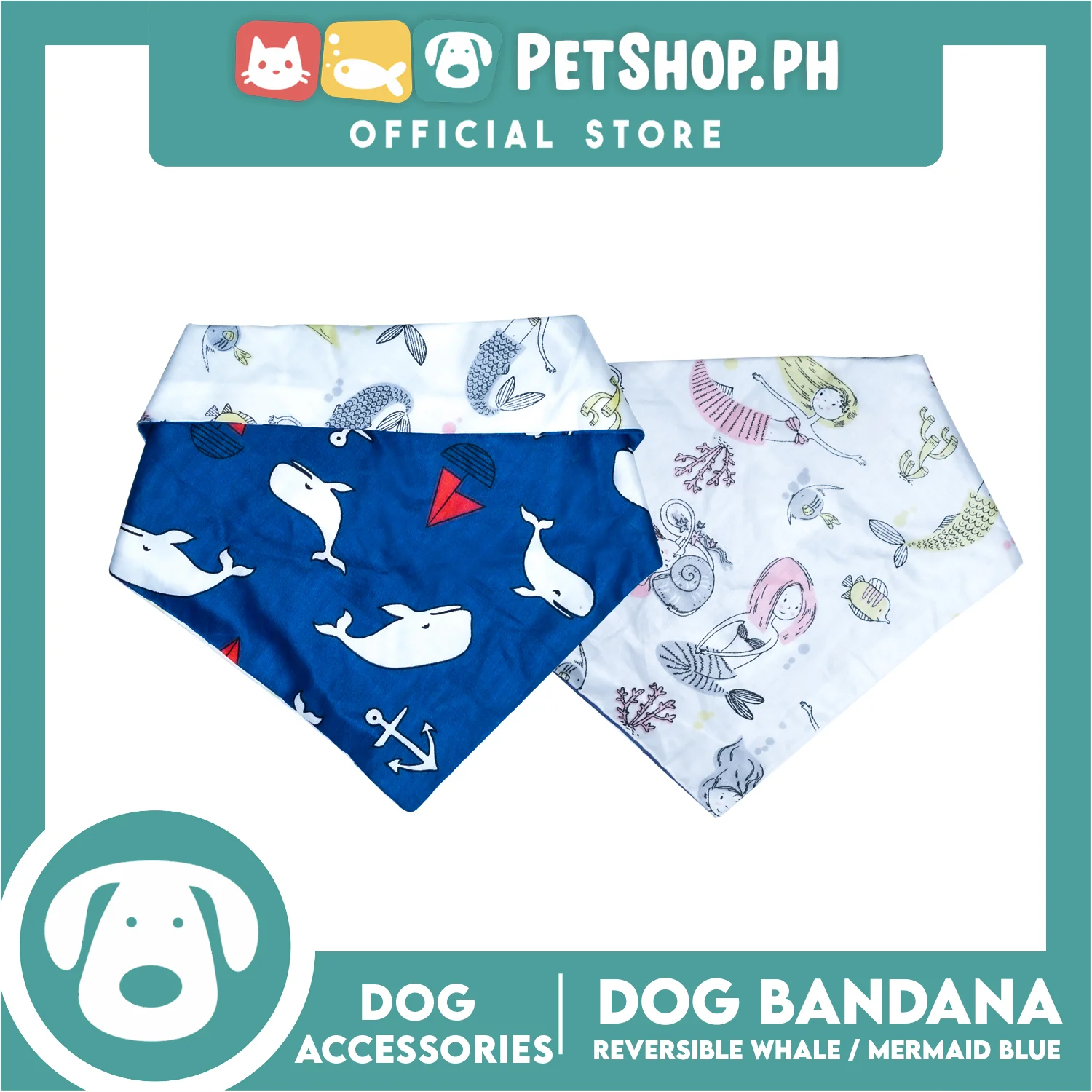 Dog Pet Bandana (Medium) Reversible Whale/ Mermaid Blue Washable Scarf - Image 3